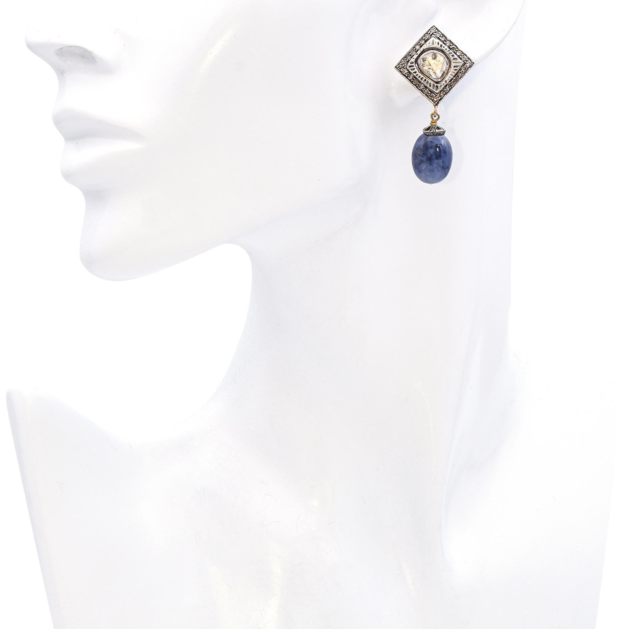 Pendientes de gota de diamantes y zafiros Polki vintage de plata de ley y 14k Tumbled en venta