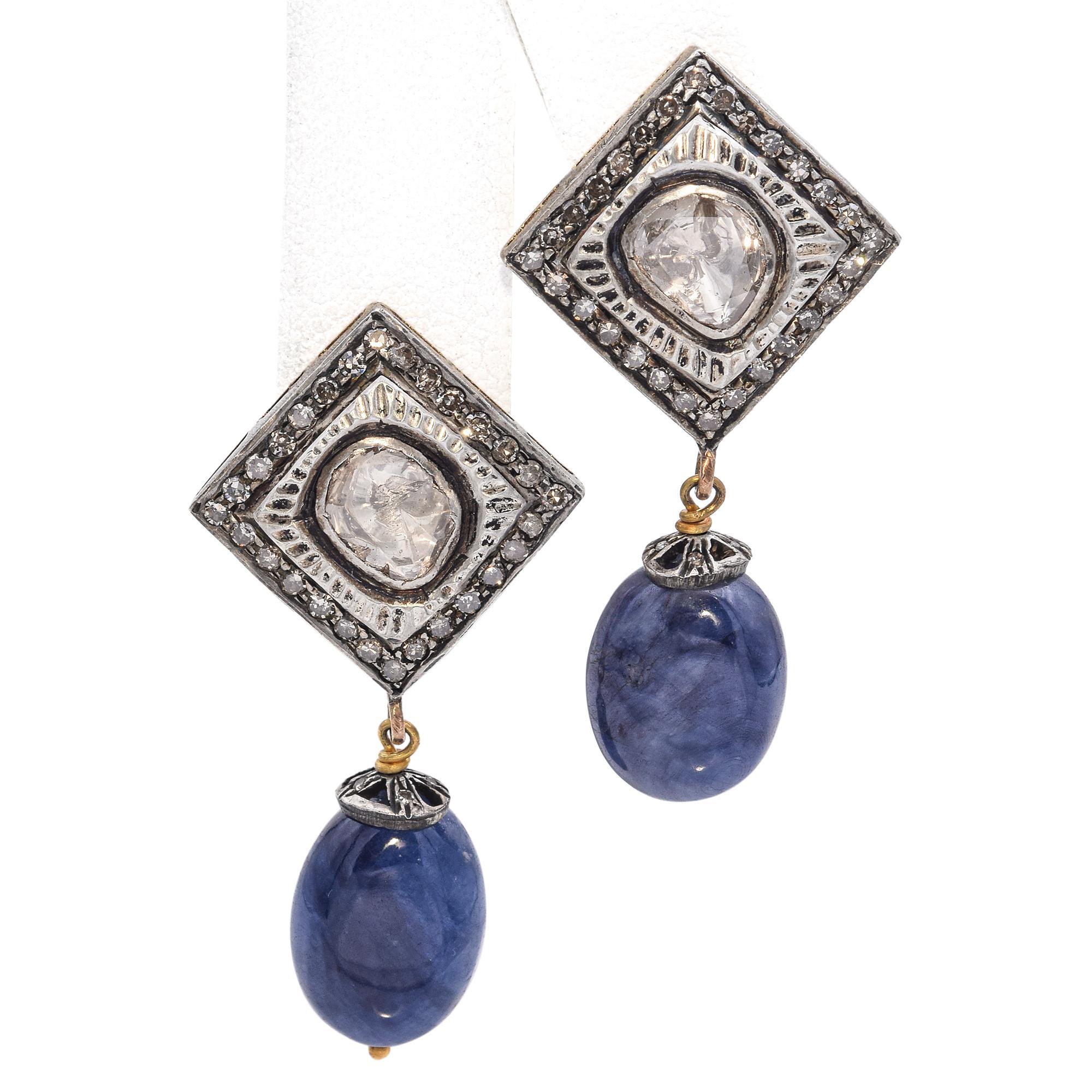 Pendientes de gota de diamantes y zafiros Polki vintage de plata de ley y 14k en Bueno estado para la venta en New York, NY