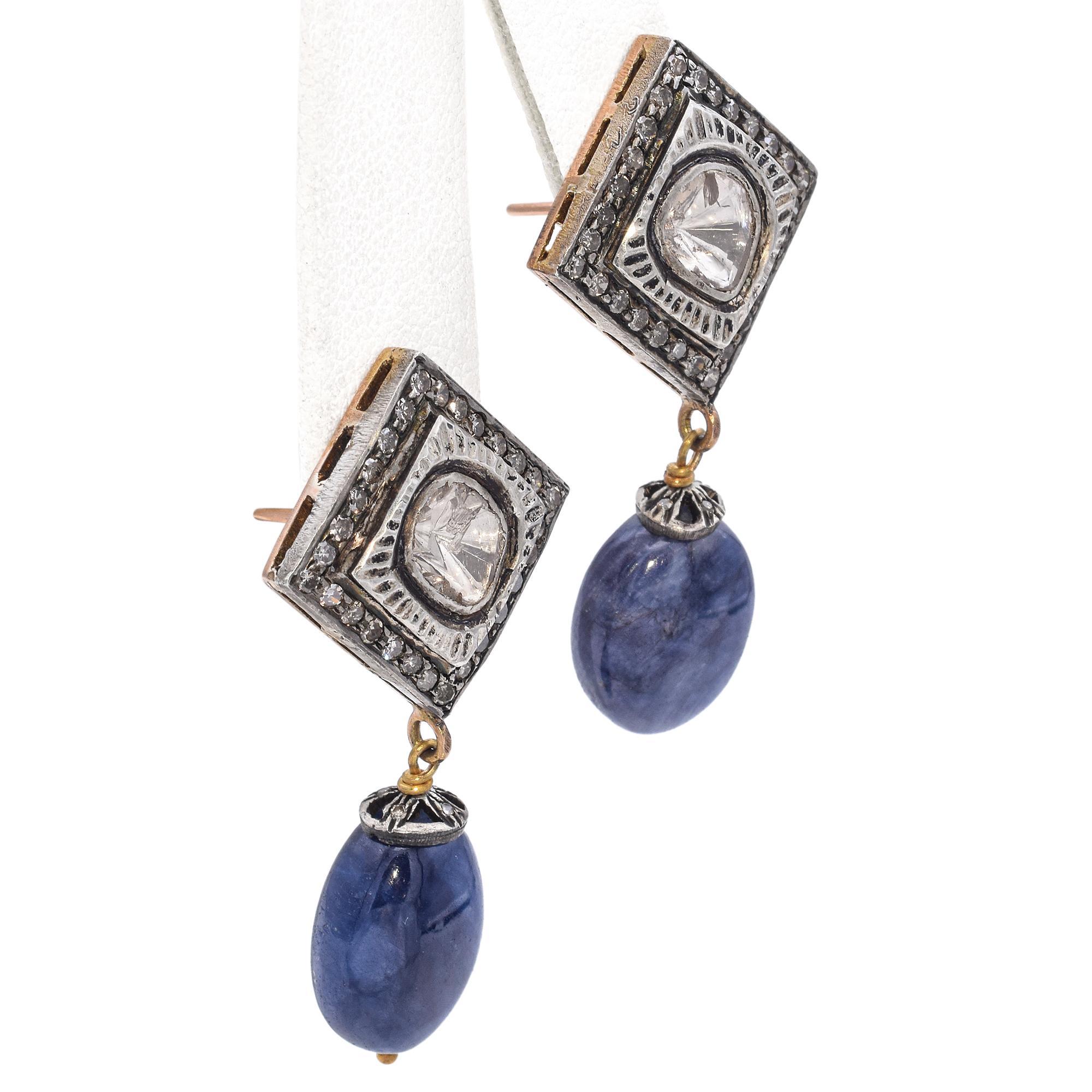 De las mujeres Pendientes de gota de diamantes y zafiros Polki vintage de plata de ley y 14k en venta