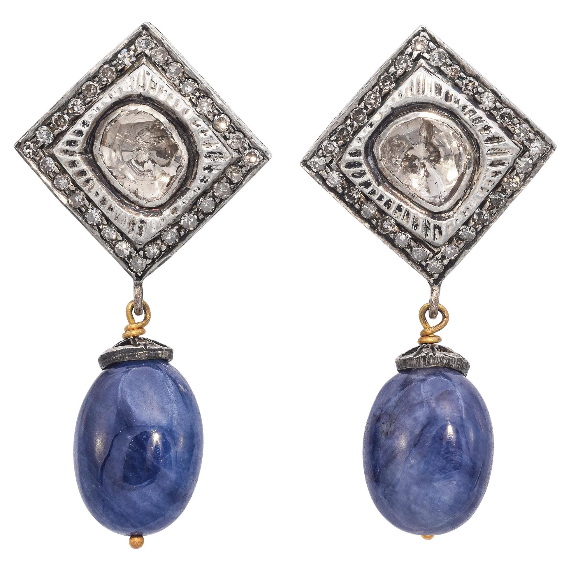 Pendientes de gota de diamantes y zafiros Polki vintage de plata de ley y 14k en venta
