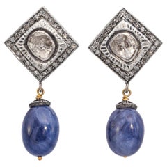 Vintage 14k and Sterling Silver Polki Diamond and Sapphire Drop Earrings