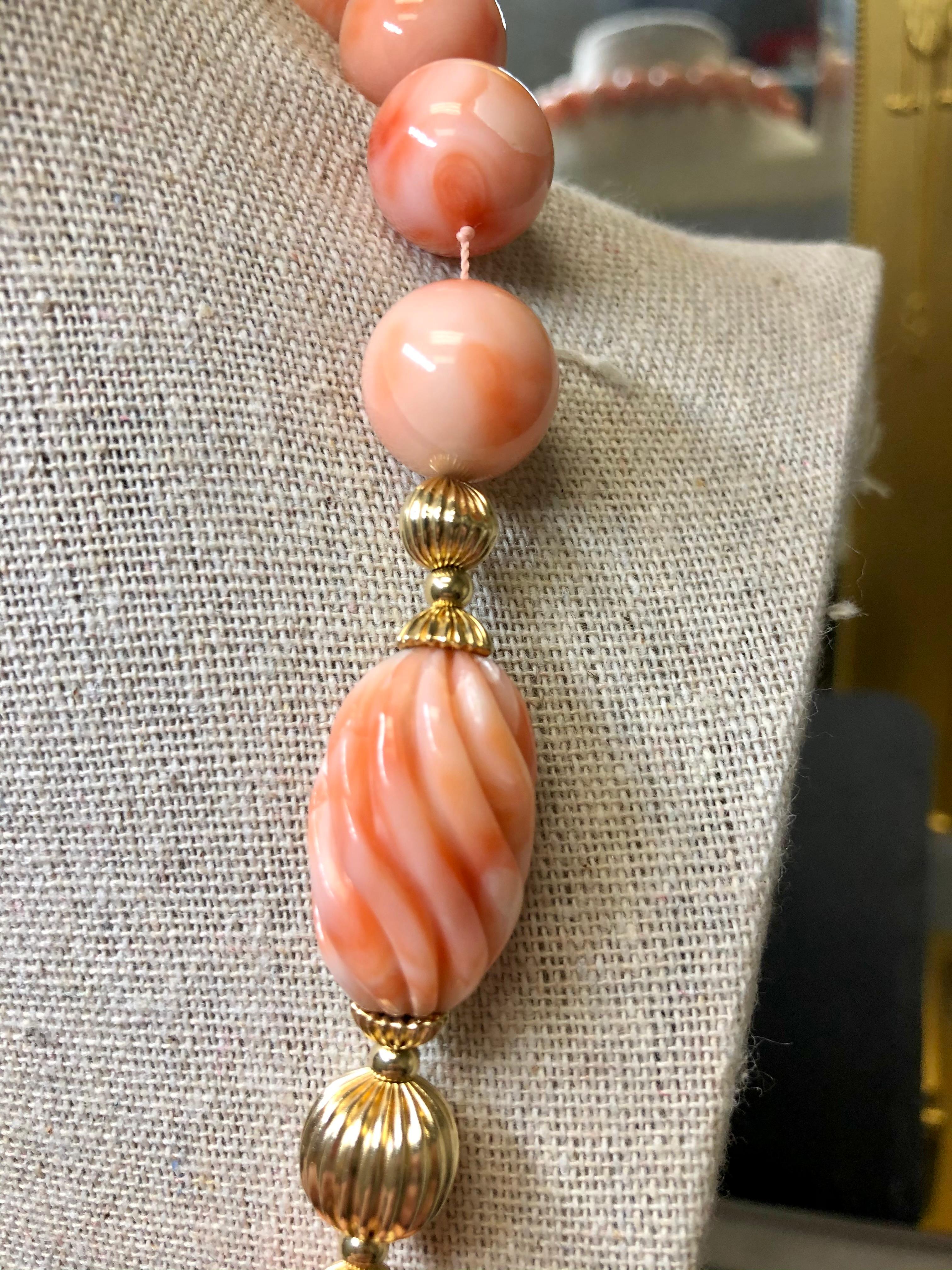 Contemporary Vintage 14k Angel Skin Coral Bead Opera Length Necklace For Sale