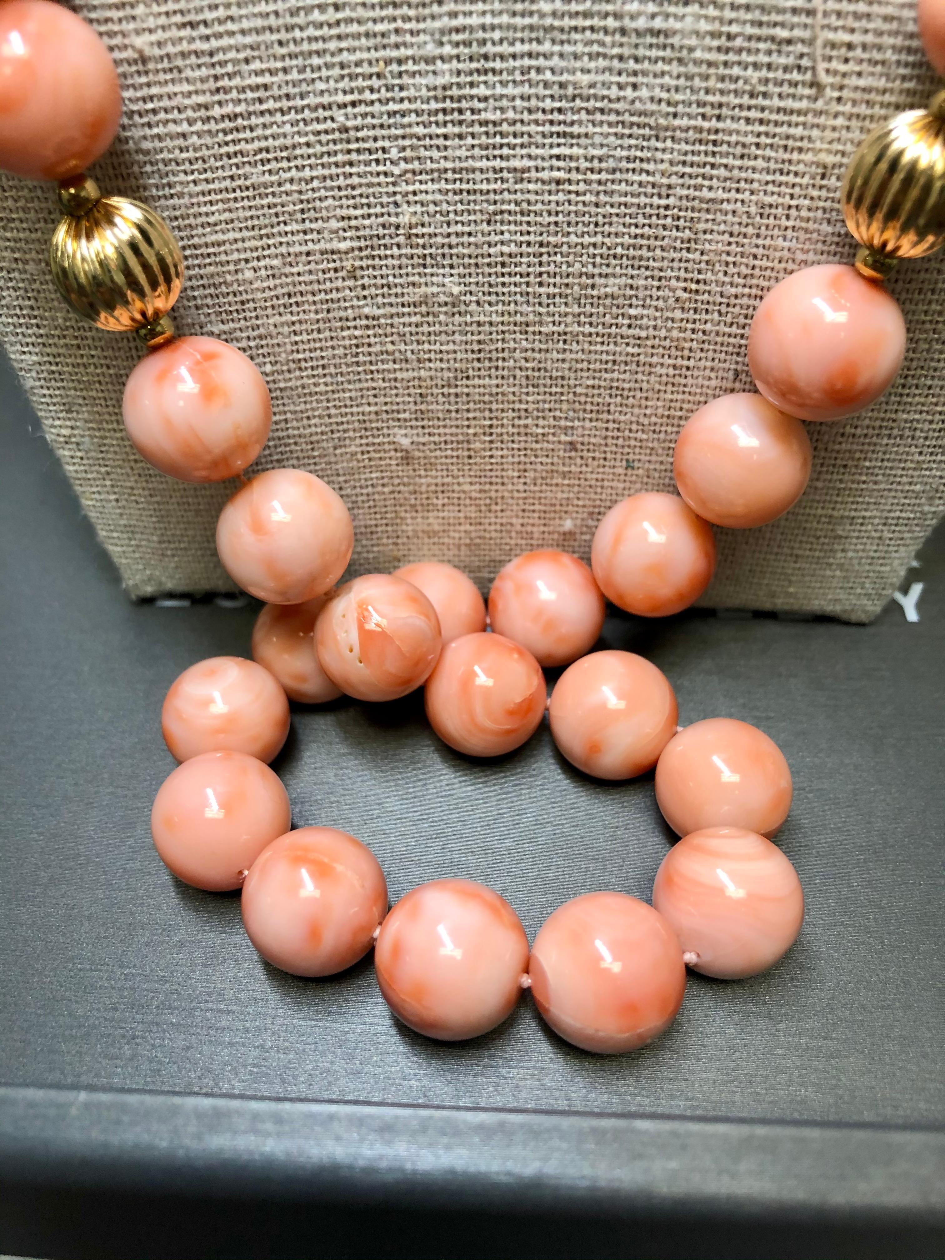 Vintage 14k Angel Skin Coral Bead Opera Length Necklace In Good Condition For Sale In Winter Springs, FL