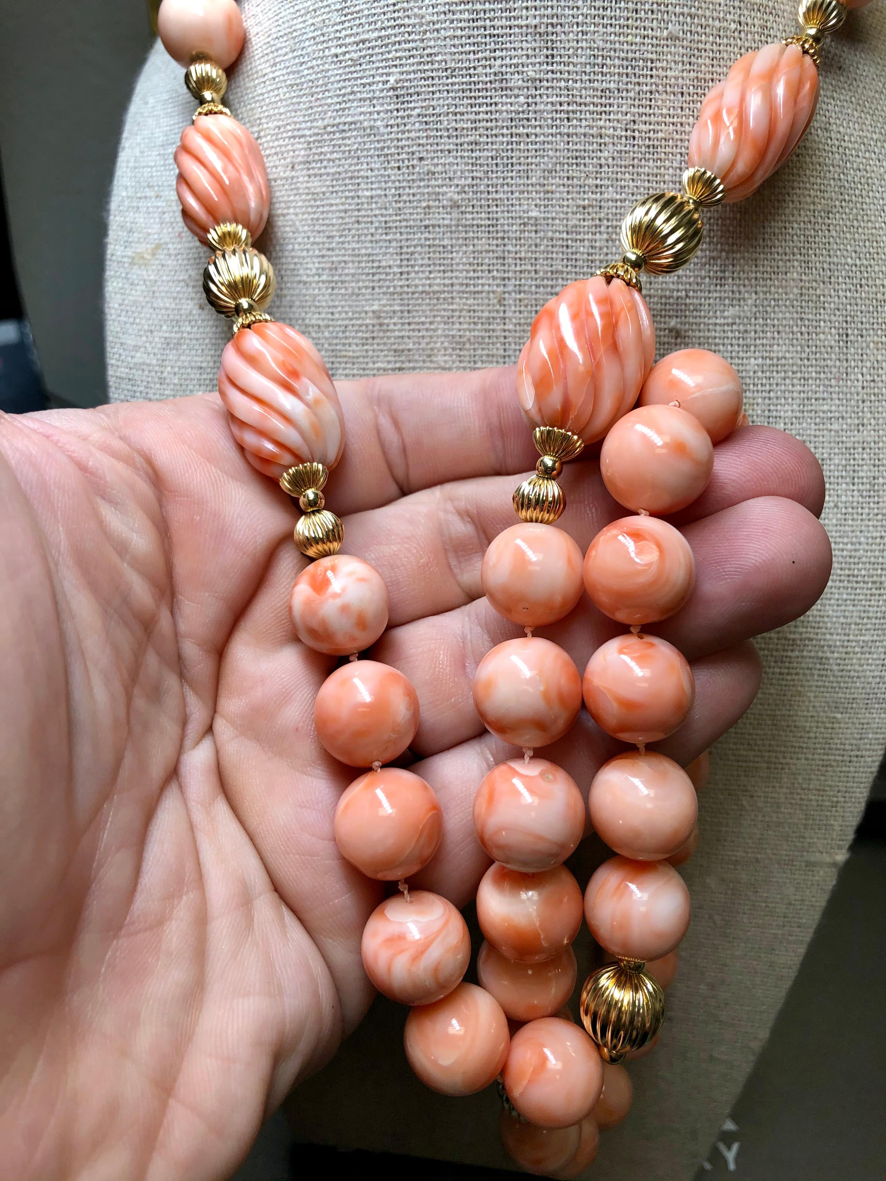 Women's Vintage 14k Angel Skin Coral Bead Opera Length Necklace For Sale