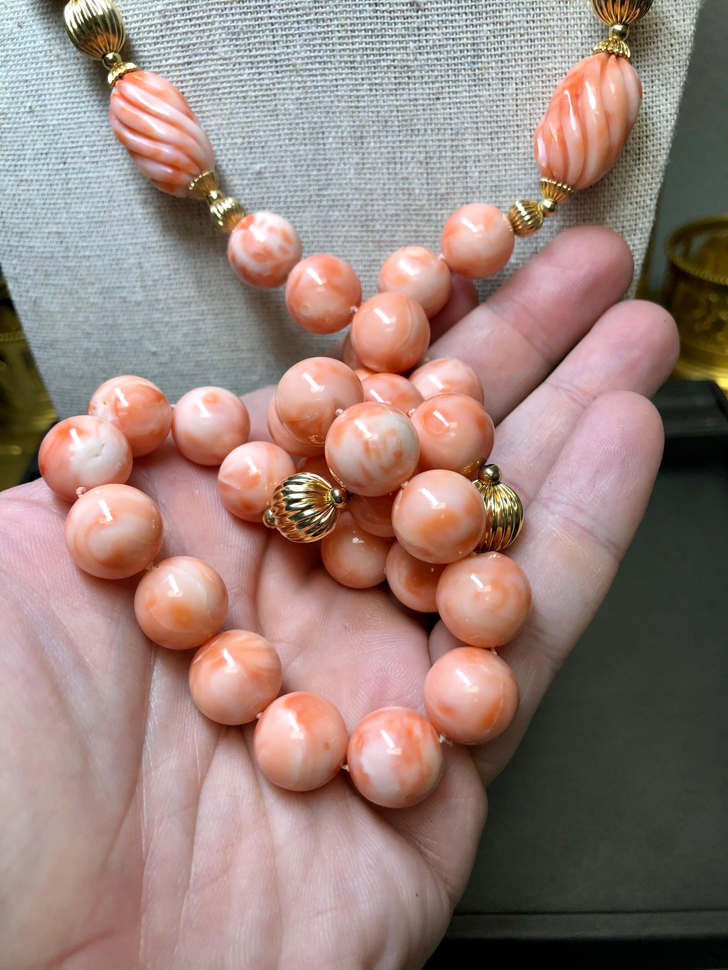 Vintage 14k Angel Skin Coral Bead Opera Length Necklace For Sale 1