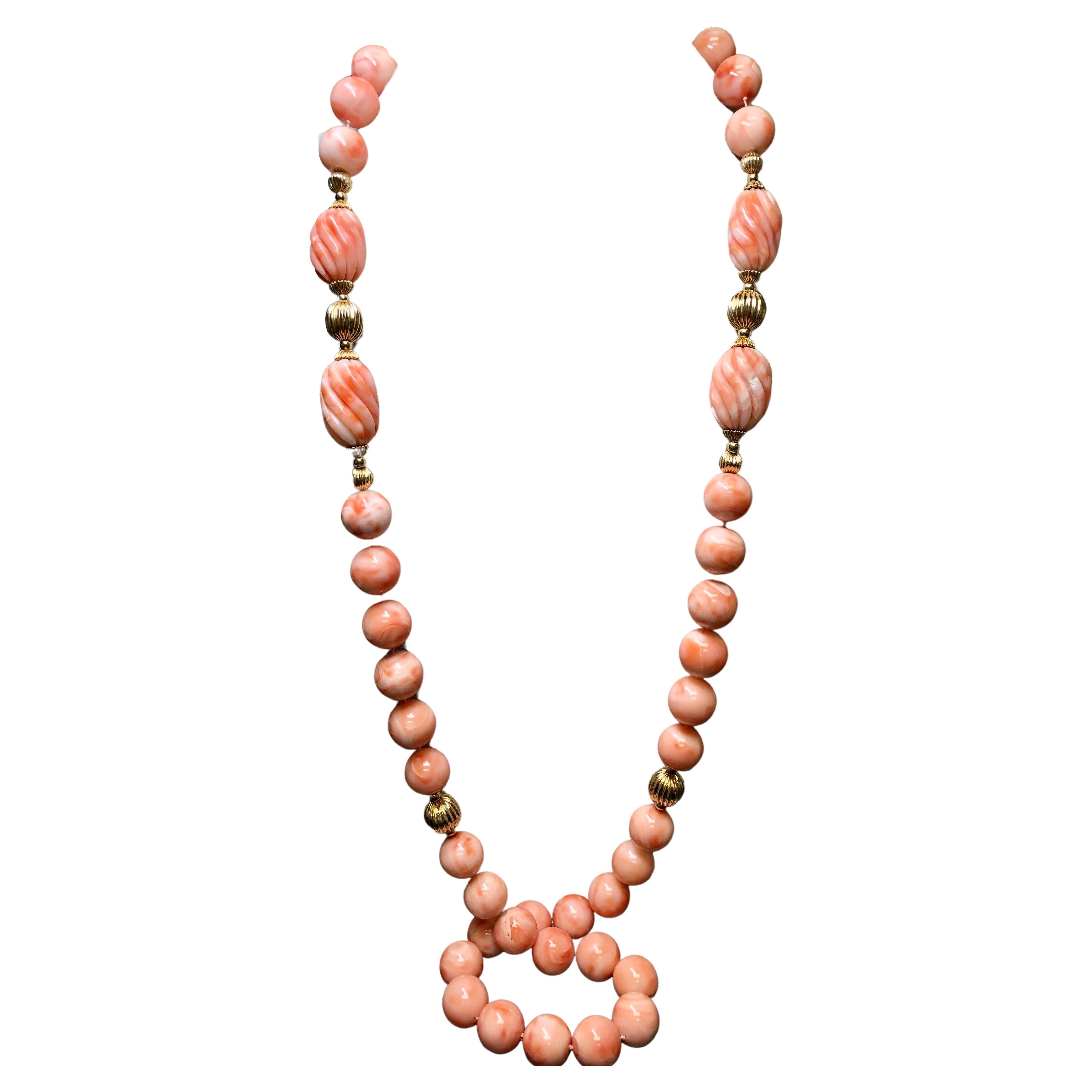 Collier opéra vintage en perles de corail peau d'ange 14 carats, longueur 33