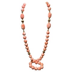 Collier opéra vintage en perles de corail peau d'ange 14 carats, longueur 33