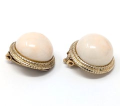 Vintage 14k Angel Skin Coral Clip On Earrings Round Cabochon Solid Yellow Gold