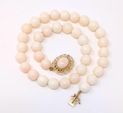 Vintage 14k Angel Skin Coral Necklace Hand Knotted Beaded Yellow Gold 16"