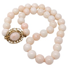 Vintage 14k Angel Skin Coral Necklace Hand Knotted Beaded Yellow Gold 16"