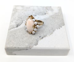 Vintage 14k Angel Skin Coral & Pearl Ring Solid Yellow Gold Navette US Size 4