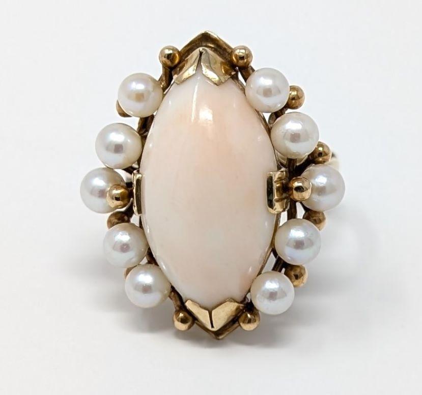Vintage 14k Angel Skin Koralle & Perle Ring Massiv Gelbgold Navette US Größe 4 im Angebot 2
