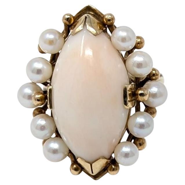 Vintage 14k Angel Skin Koralle & Perle Ring Massiv Gelbgold Navette US Größe 4