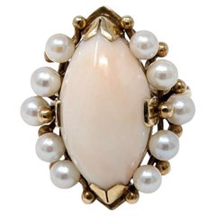 Vintage 14k Angel Skin Coral & Pearl Ring Solid Yellow Gold Navette US Size 4