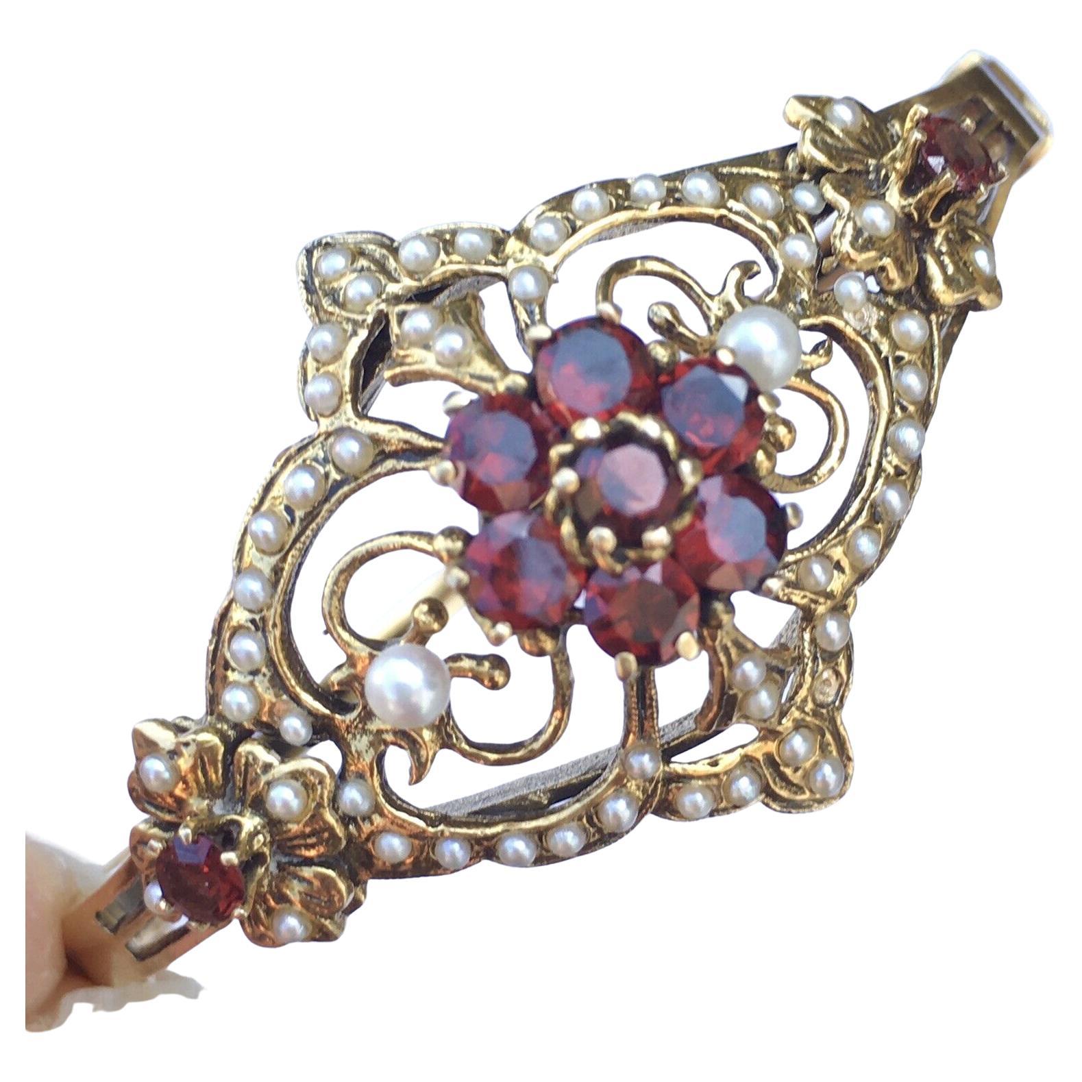 Vintage 14K Art Deco Hinged Bracelet 30s Garnet Seed Pearls Delicate Openwork For Sale