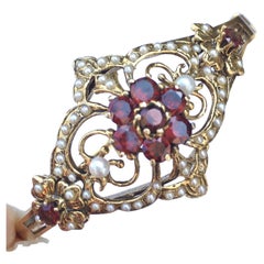 Vintage 14K Art Deco Hinged Bracelet 30s Garnet Seed Pearls Delicate Openwork