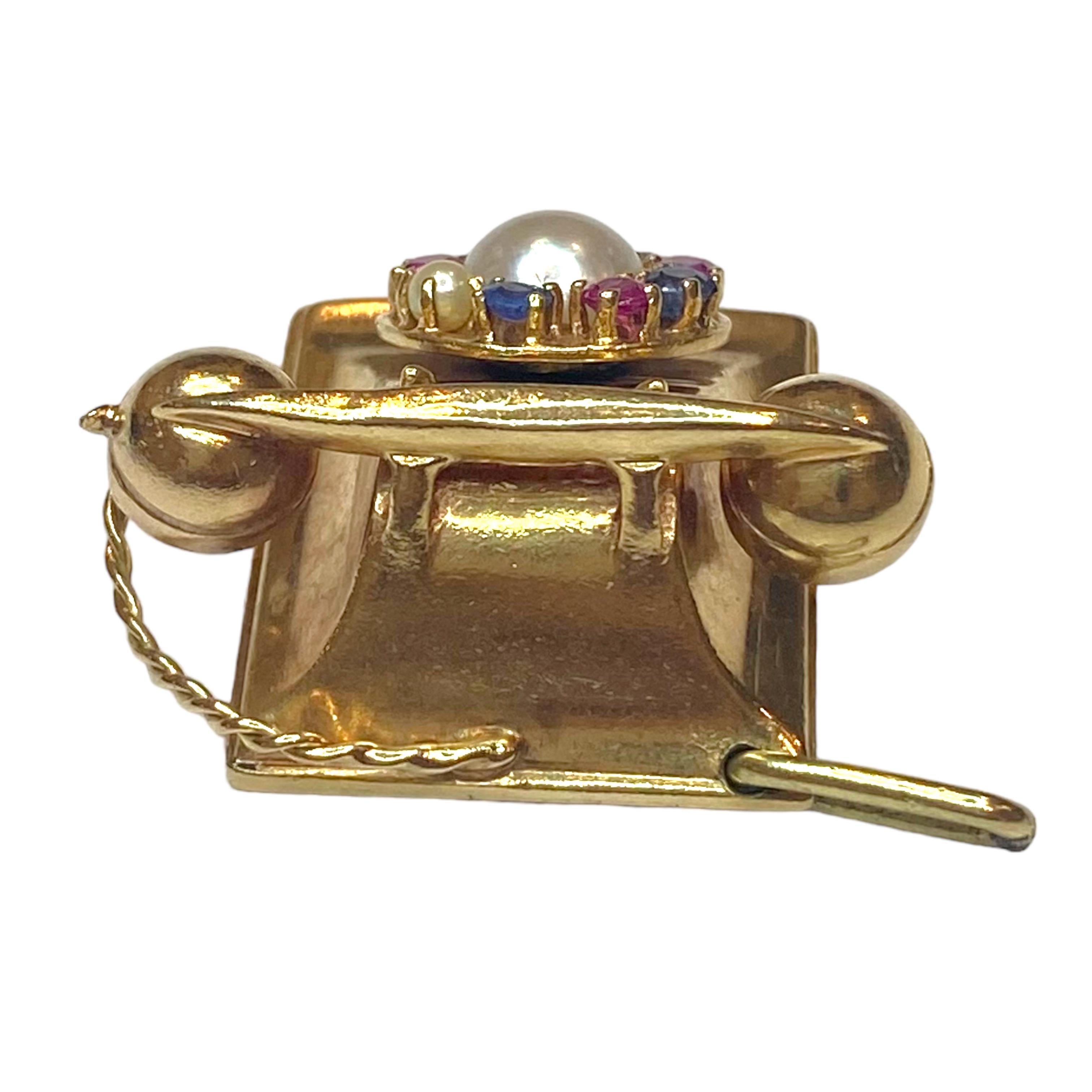 Round Cut Vintage 14K Articulating Multi Gemstone Phone Charm Pendant
