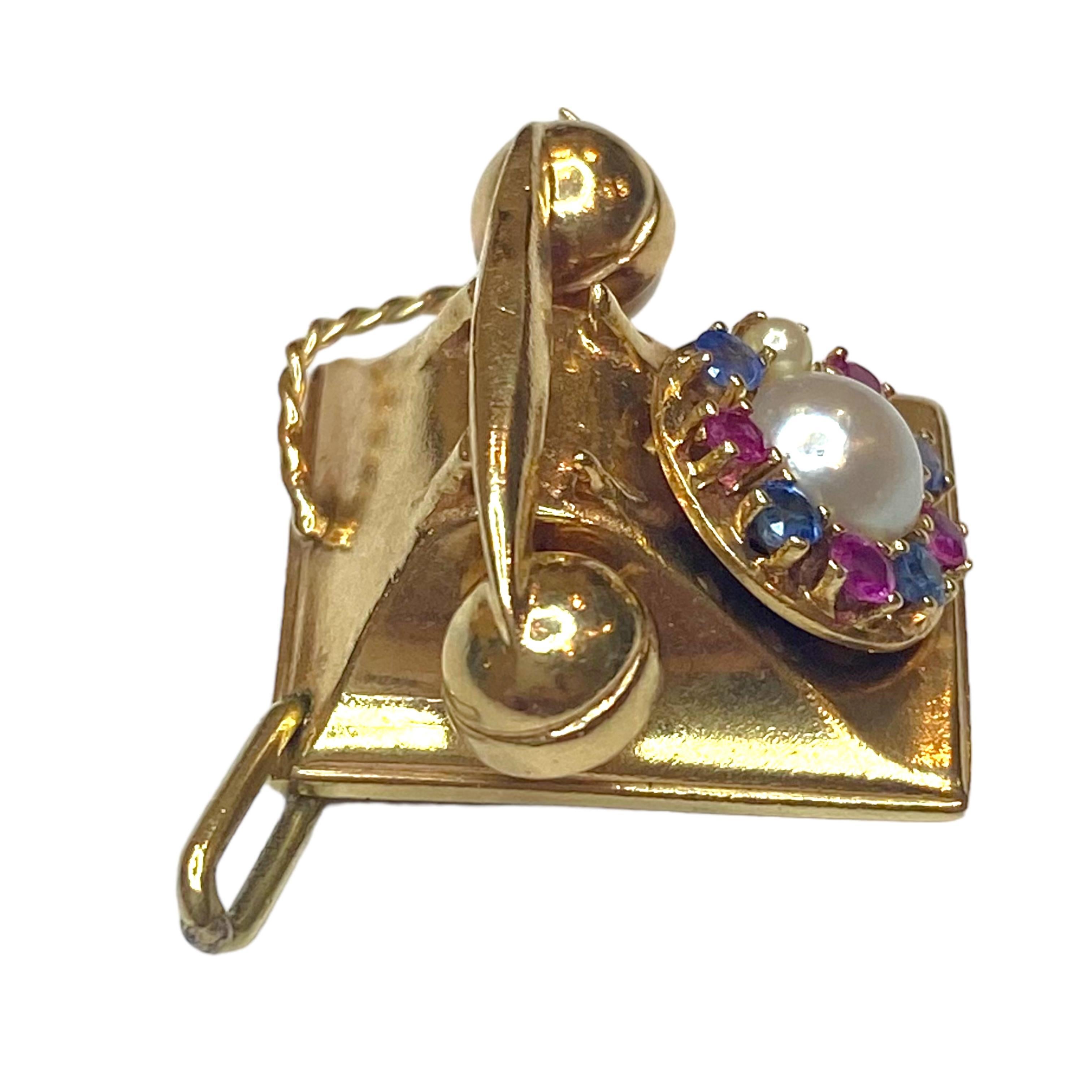 Vintage 14K Articulating Multi Gemstone Phone Charm Pendant In Good Condition In Henderson, NV
