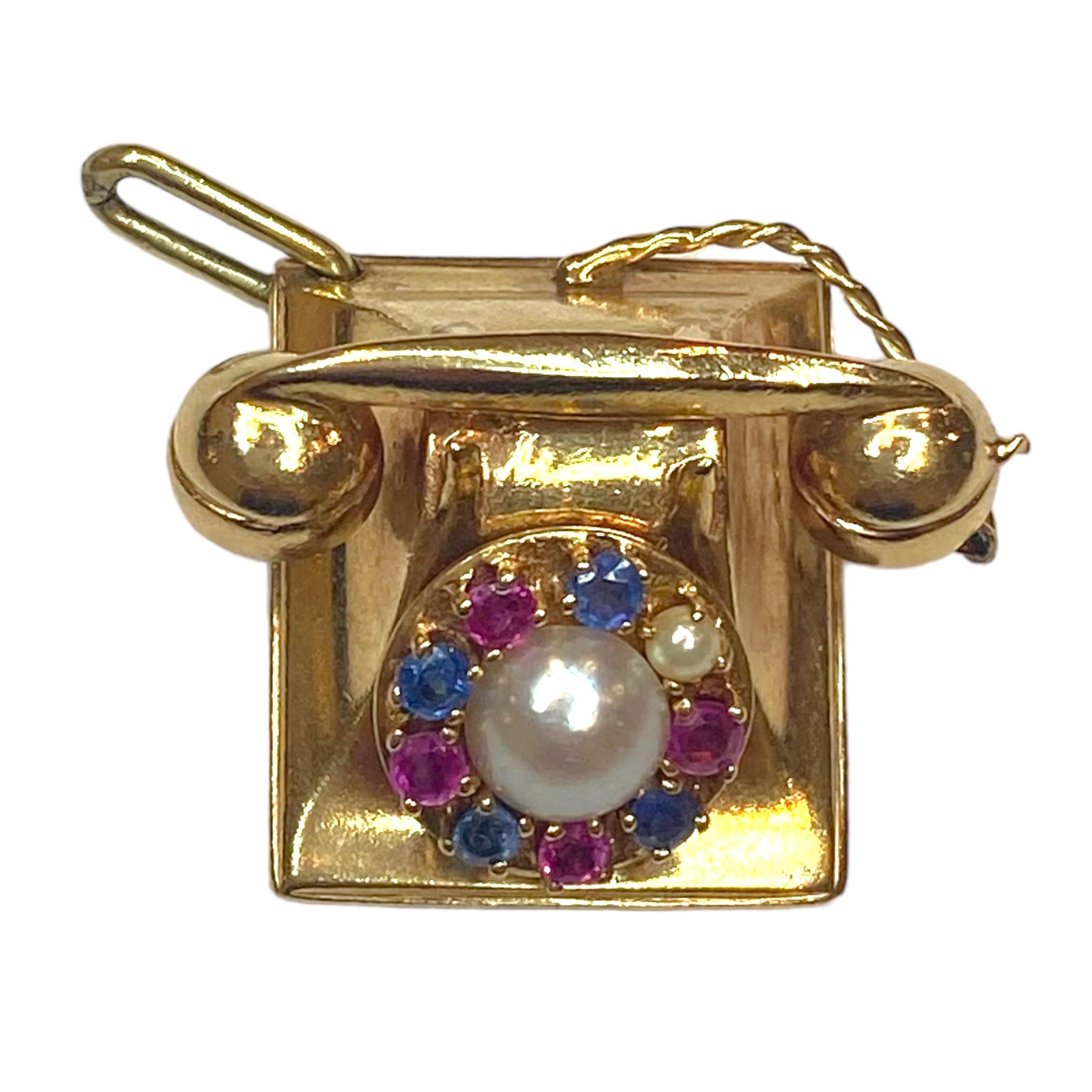 Women's or Men's Vintage 14K Articulating Multi Gemstone Phone Charm Pendant