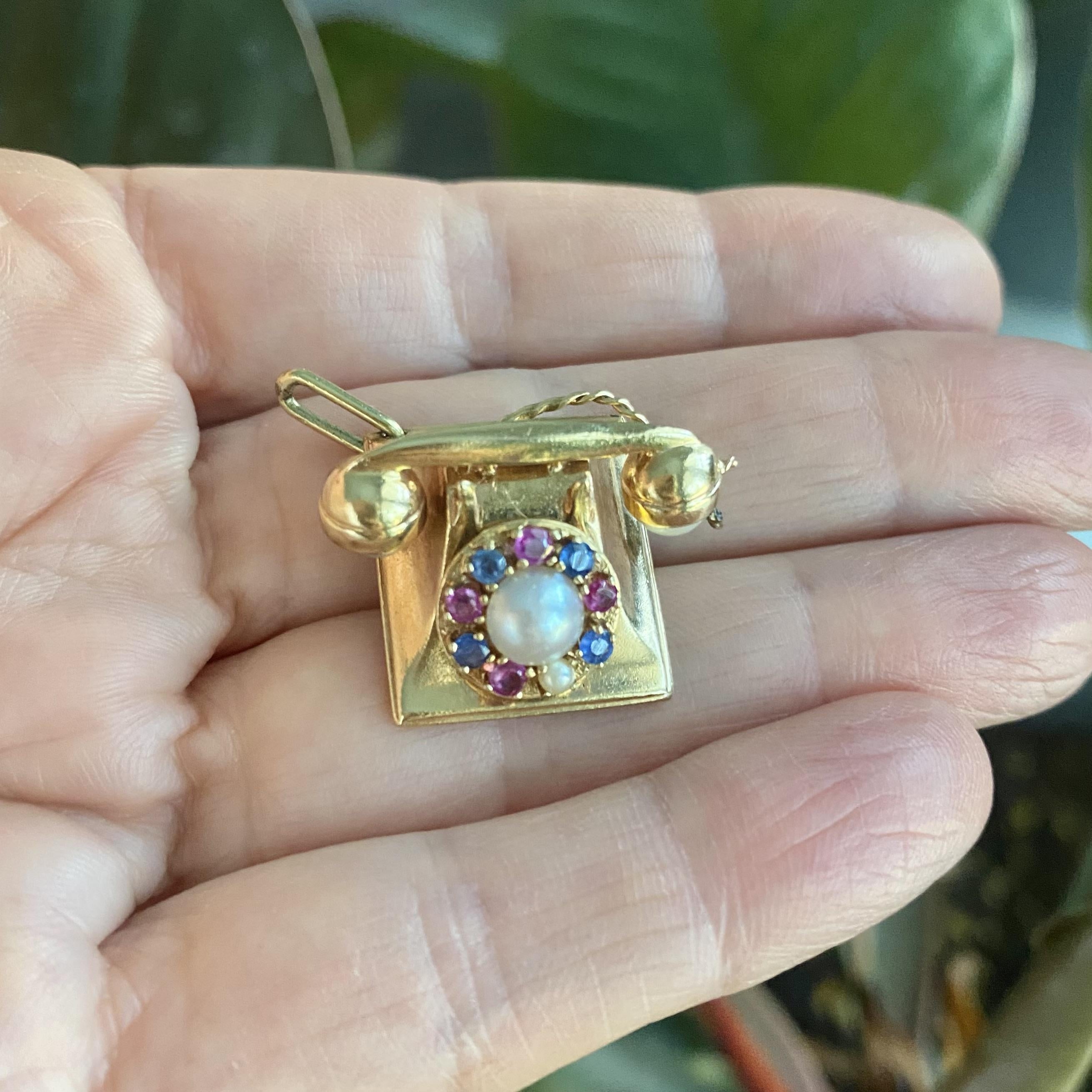 Vintage 14K Articulating Multi Gemstone Phone Charm Pendant 2
