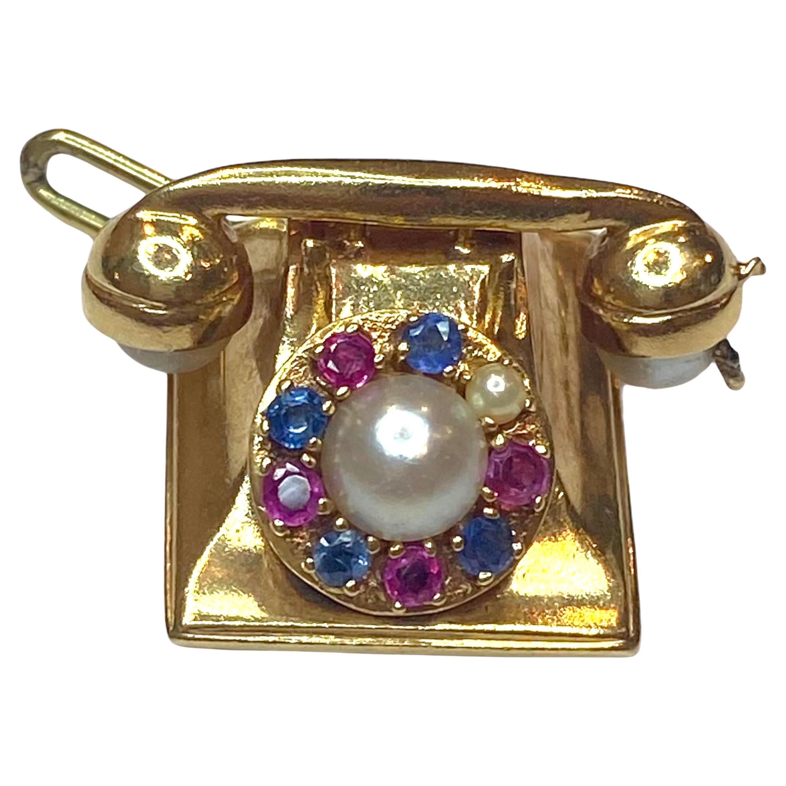 Vintage 14K Articulating Multi Gemstone Phone Charm Pendant