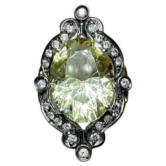 Antique 14K Black Rhodium-Plated Gold, Green Amethyst and Diamond Cocktail Ring