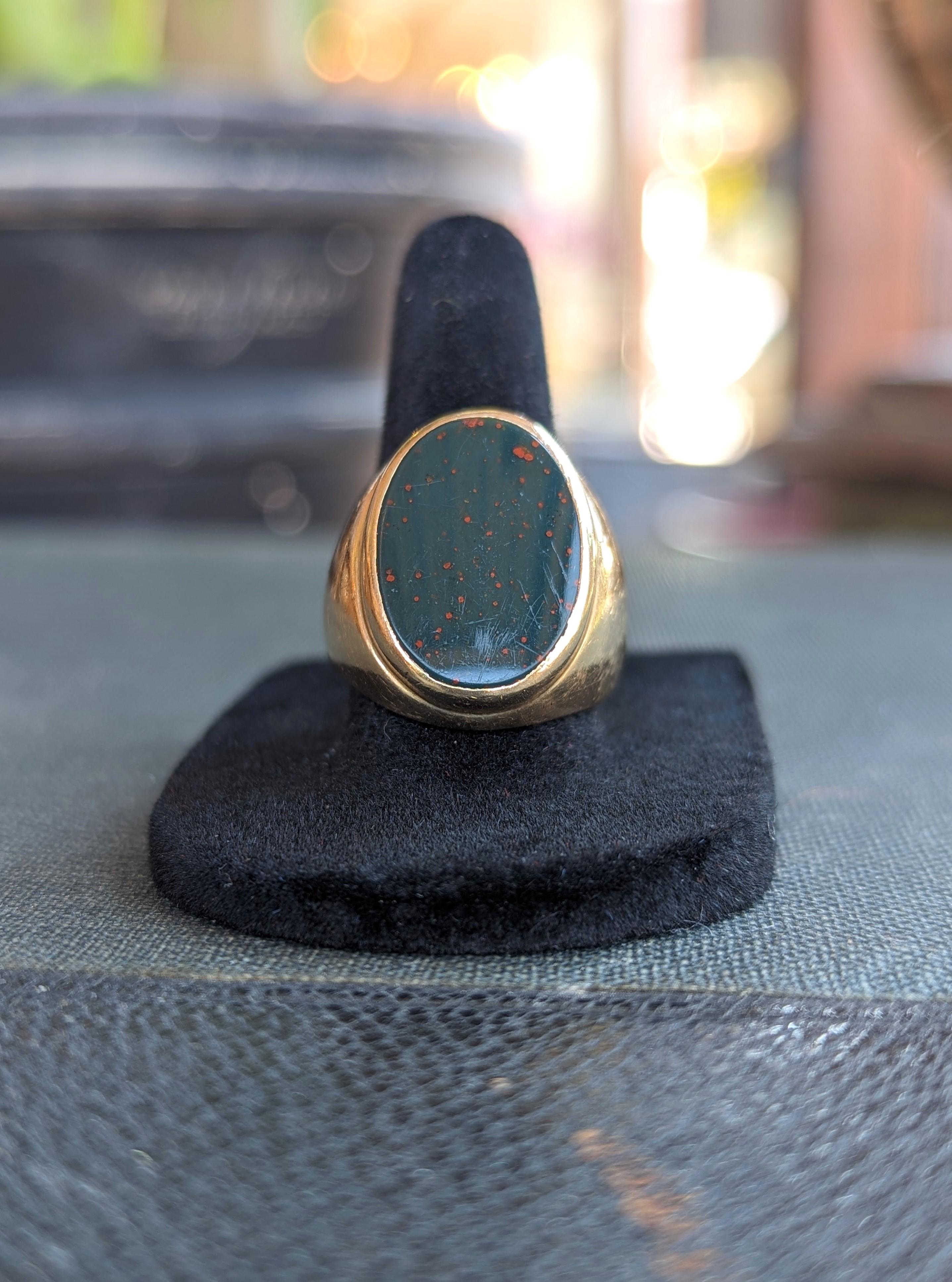 Superb vintage 14k bloodstone signet ring with a great mid century modern design by Ludwig Fessner Co. This statement piece is great for collectors of classic modernist jewelry. Best measures for a size 5.5 finger. Measures .75 inch in height by .55