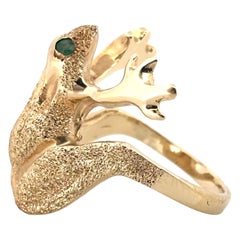 Retro 14K Brushed Yellow Gold Round Cut Emerald Eye Frog Ring Size 4.75