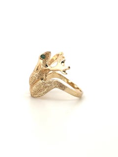 Vintage 14K Brushed Yellow Gold Round Cut Emerald Eye Frog Ring Size 4.75