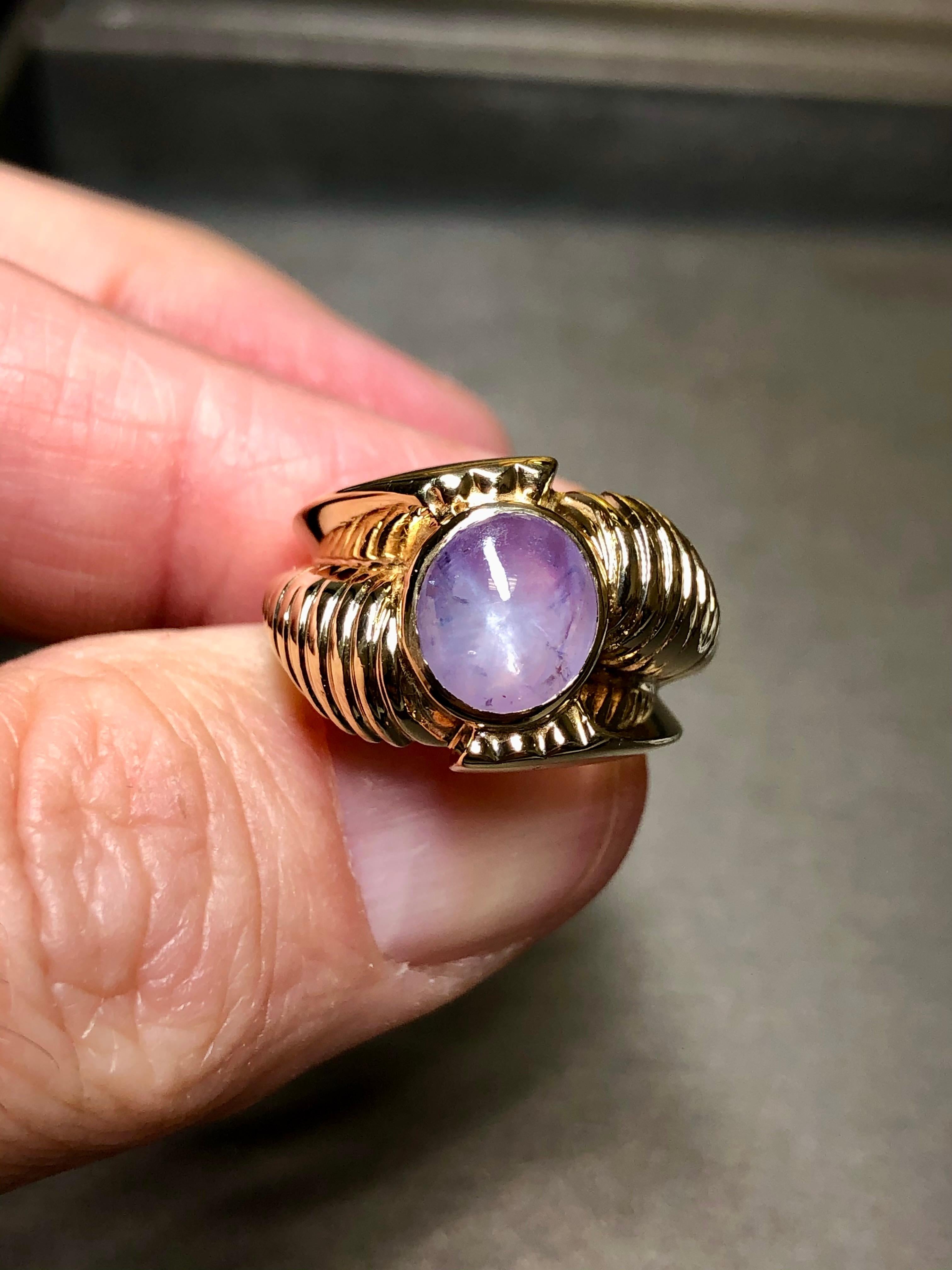 Vintage 14K Cabochon NO HEAT Star Sapphire Retro Statement Ring 3.50ct Sz 5.75 For Sale 2