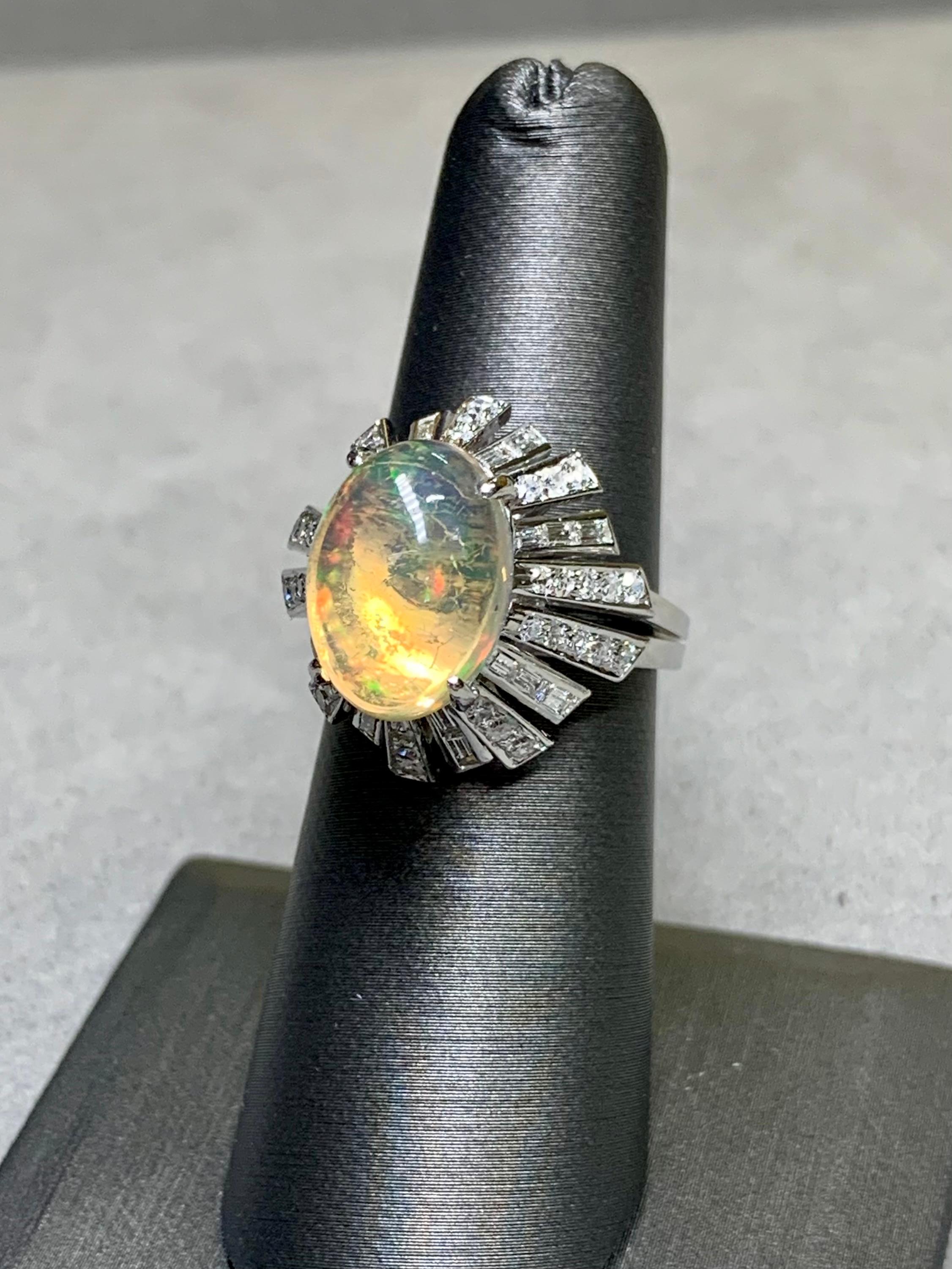 Vintage 14K Cabochon Opal Baguette Round Diamond Spray Cocktail Ring 6.64ctw For Sale 5