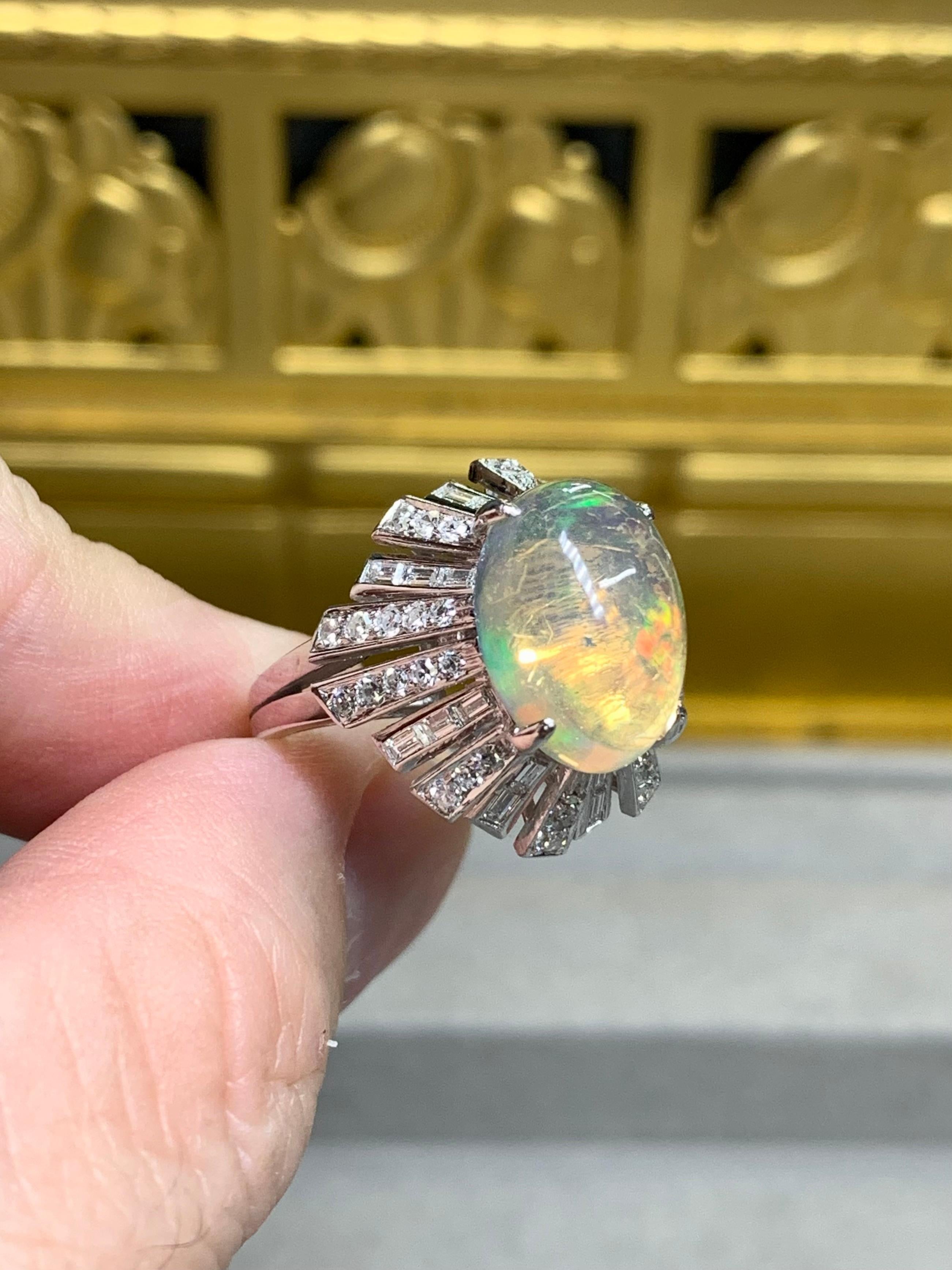 Vintage 14K Cabochon Opal Baguette Round Diamond Spray Cocktail Ring 6.64ctw For Sale 6
