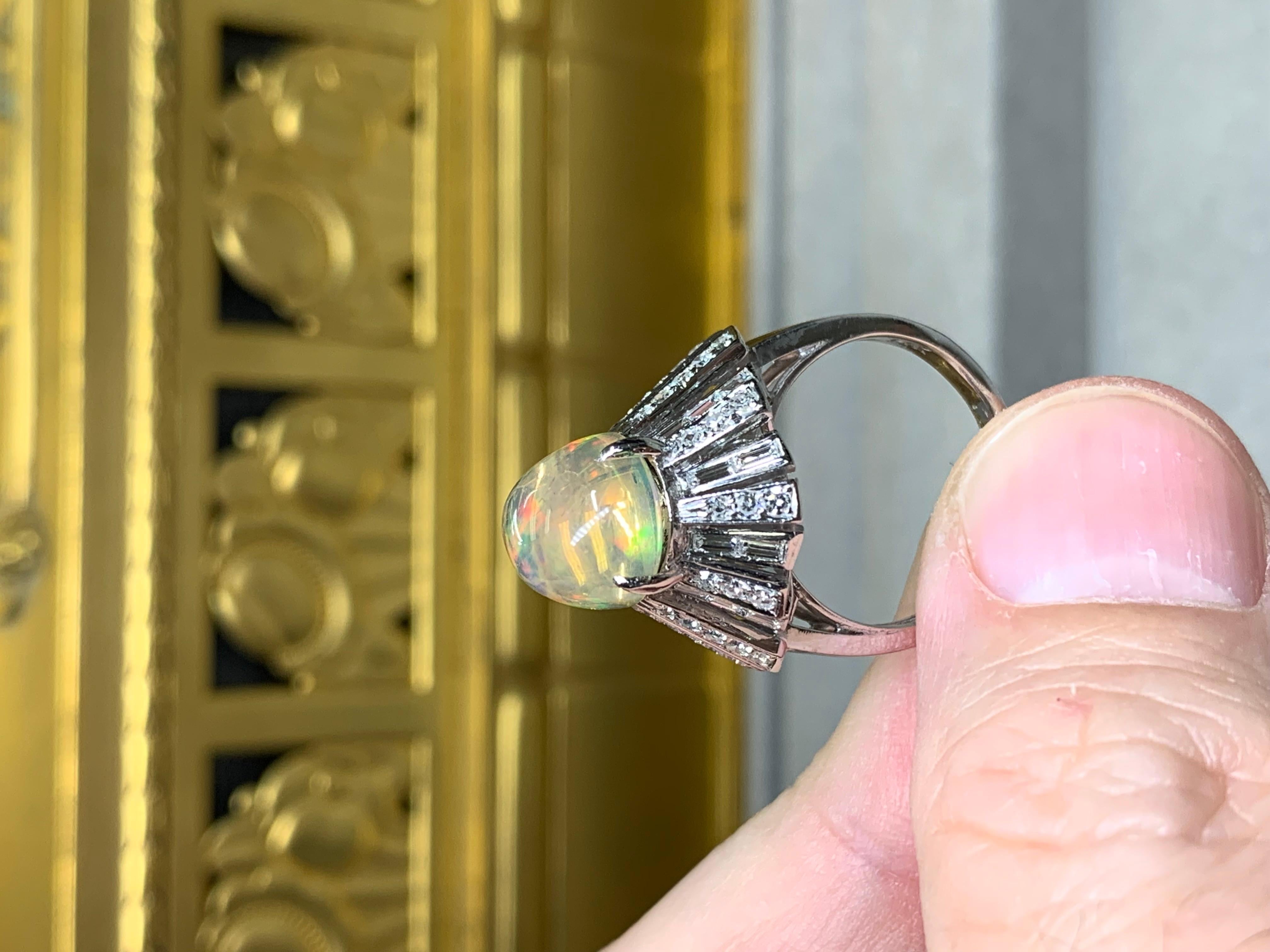 Vintage 14K Cabochon Opal Baguette Round Diamond Spray Cocktail Ring 6.64ctw For Sale 7