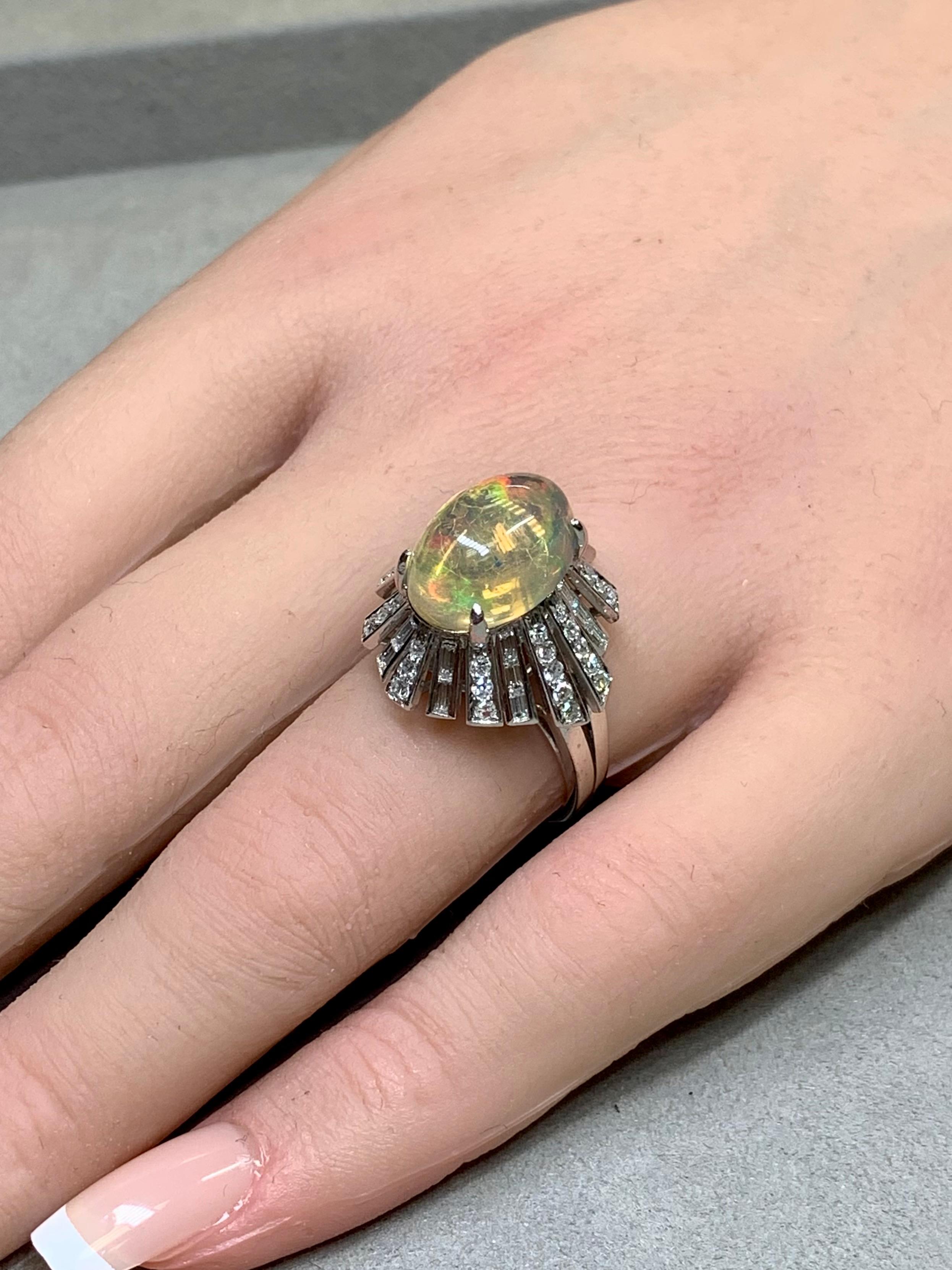 Vintage 14K Cabochon Opal Baguette Round Diamond Spray Cocktail Ring 6.64ctw For Sale 8