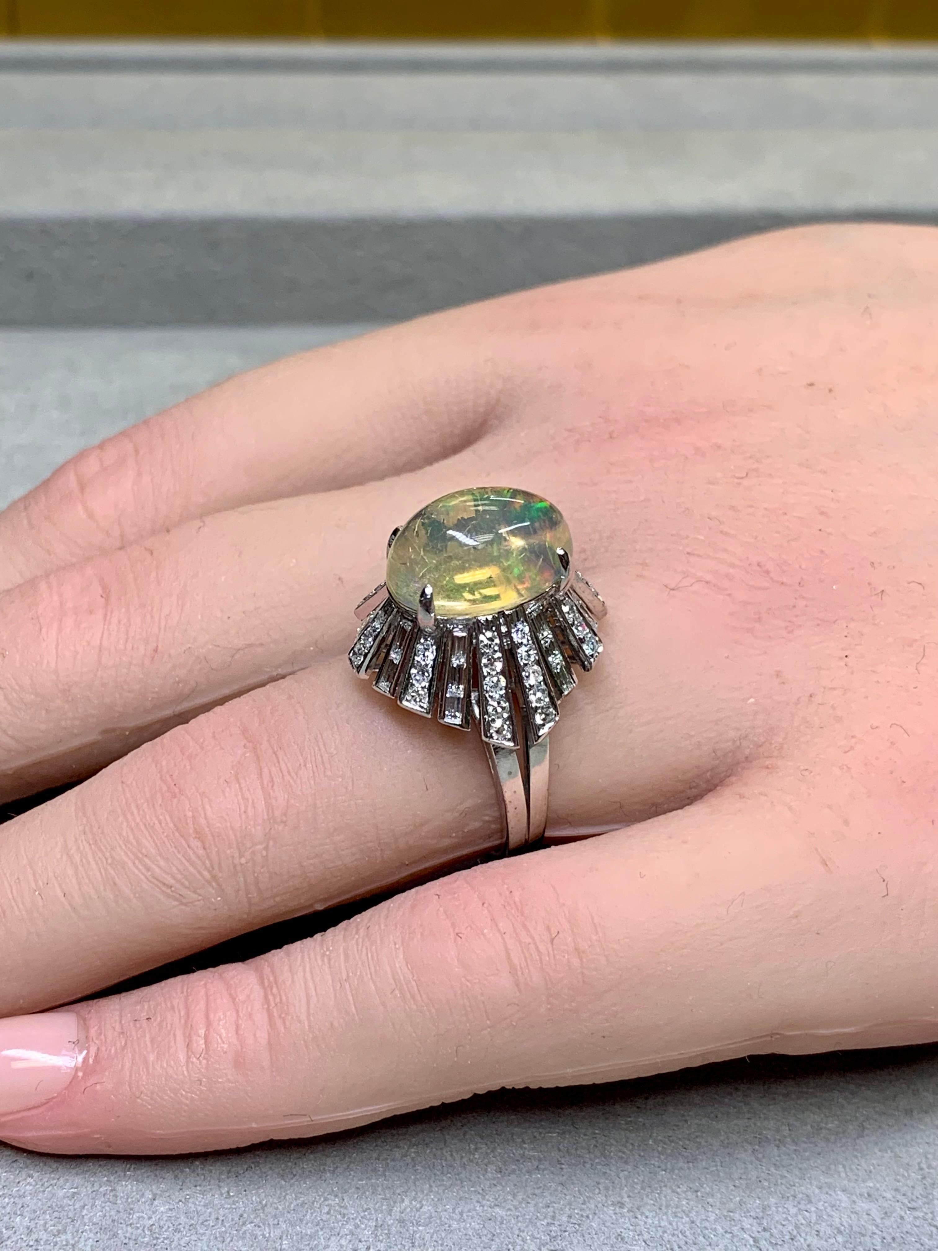 Vintage 14K Cabochon Opal Baguette Round Diamond Spray Cocktail Ring 6.64ctw For Sale 10