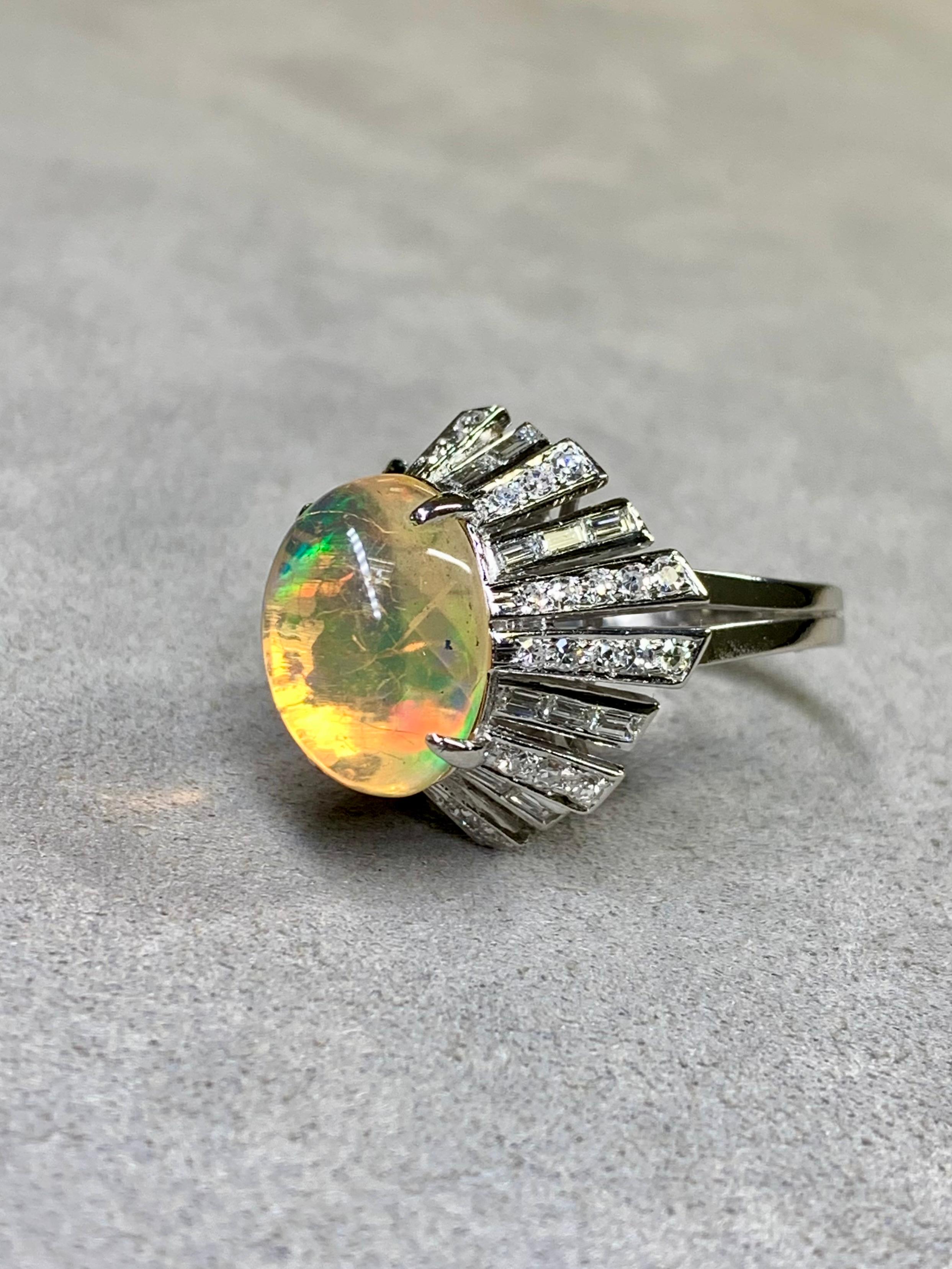 Art Deco Vintage 14K Cabochon Opal Baguette Round Diamond Spray Cocktail Ring 6.64ctw For Sale
