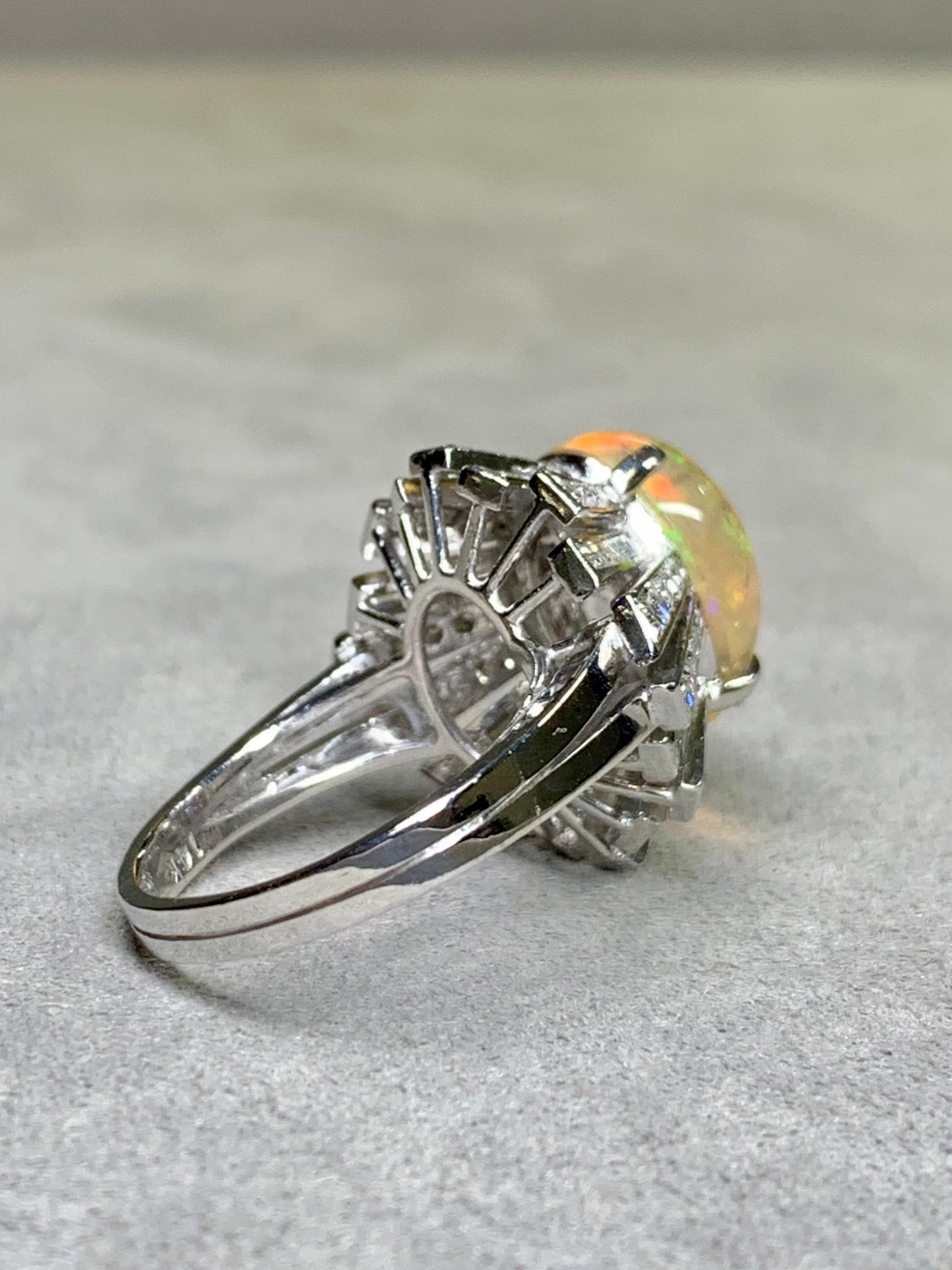 Vintage 14K Cabochon Opal Baguette Round Diamond Spray Cocktail Ring 6.64ctw In Good Condition For Sale In Winter Springs, FL