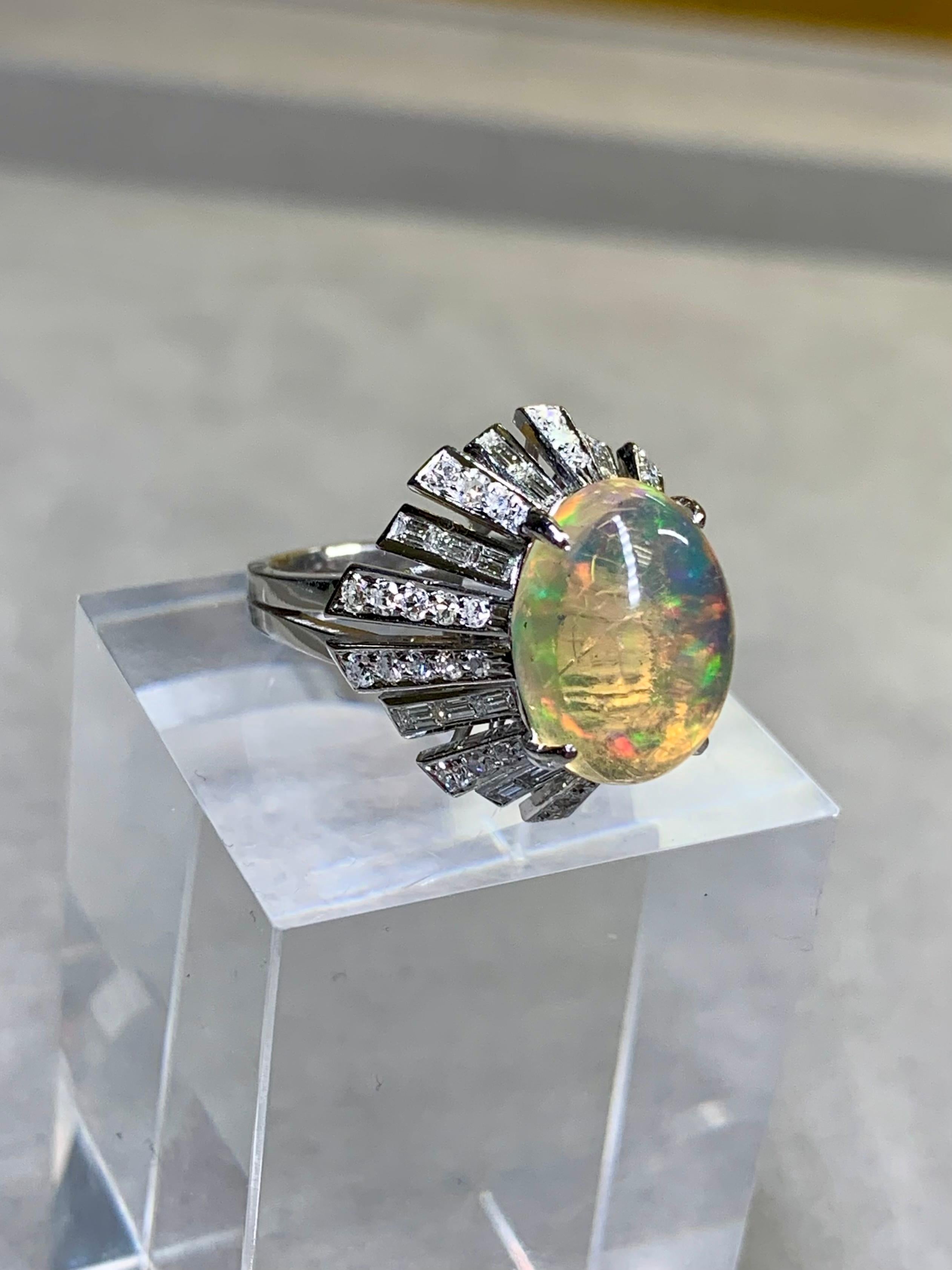 Vintage 14K Cabochon Opal Baguette Round Diamond Spray Cocktail Ring 6.64ctw For Sale 1