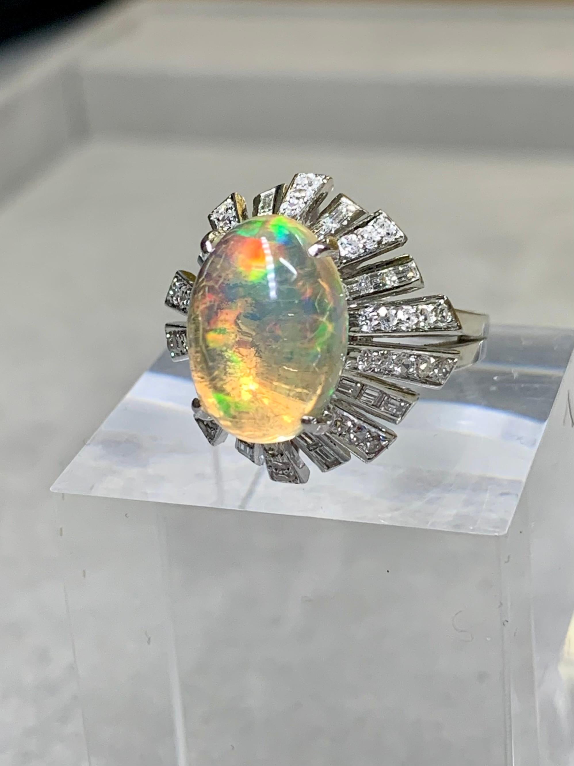Vintage 14K Cabochon Opal Baguette Round Diamond Spray Cocktail Ring 6.64ctw For Sale 2