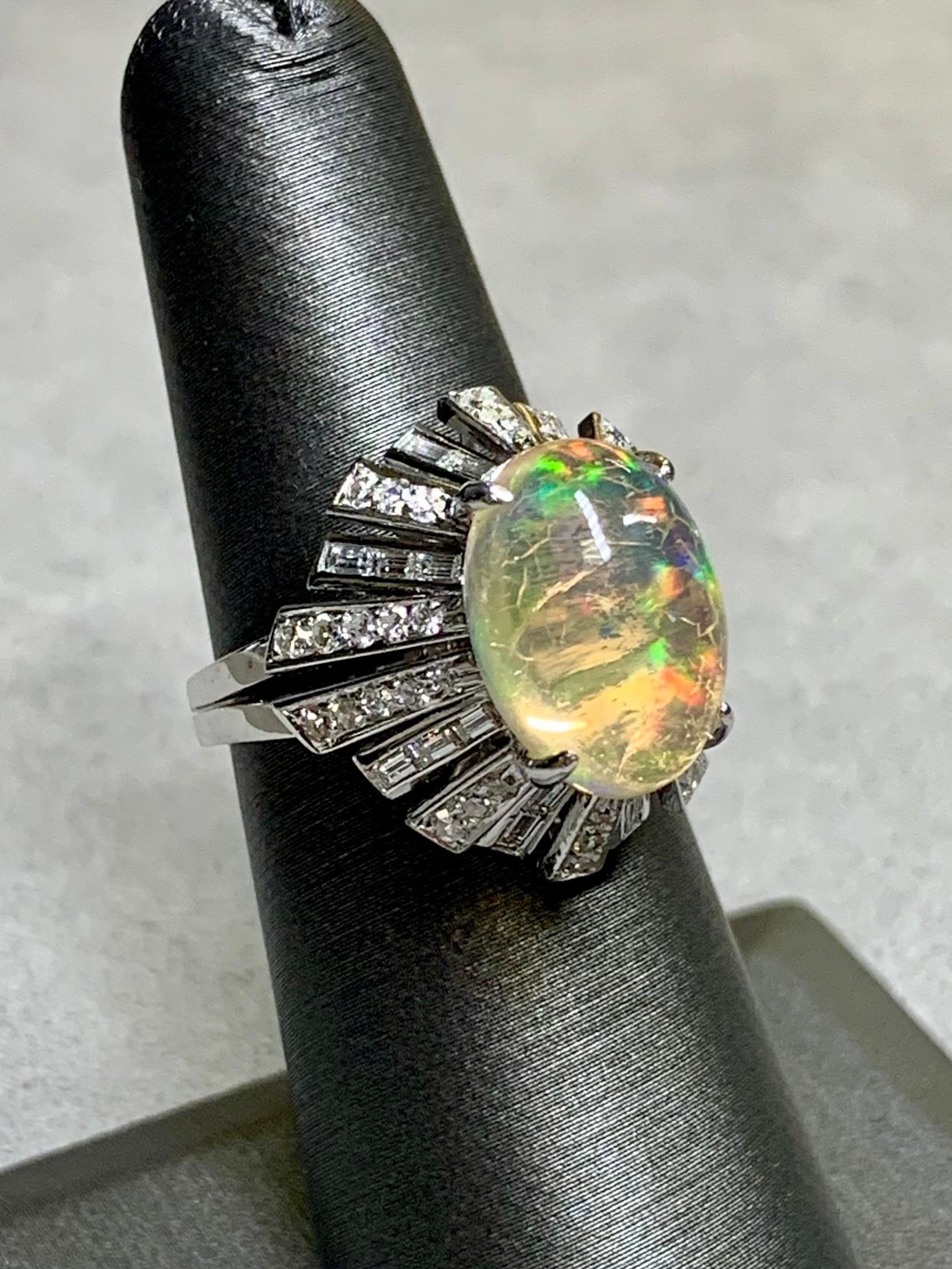 Vintage 14K Cabochon Opal Baguette Round Diamond Spray Cocktail Ring 6.64ctw For Sale 3