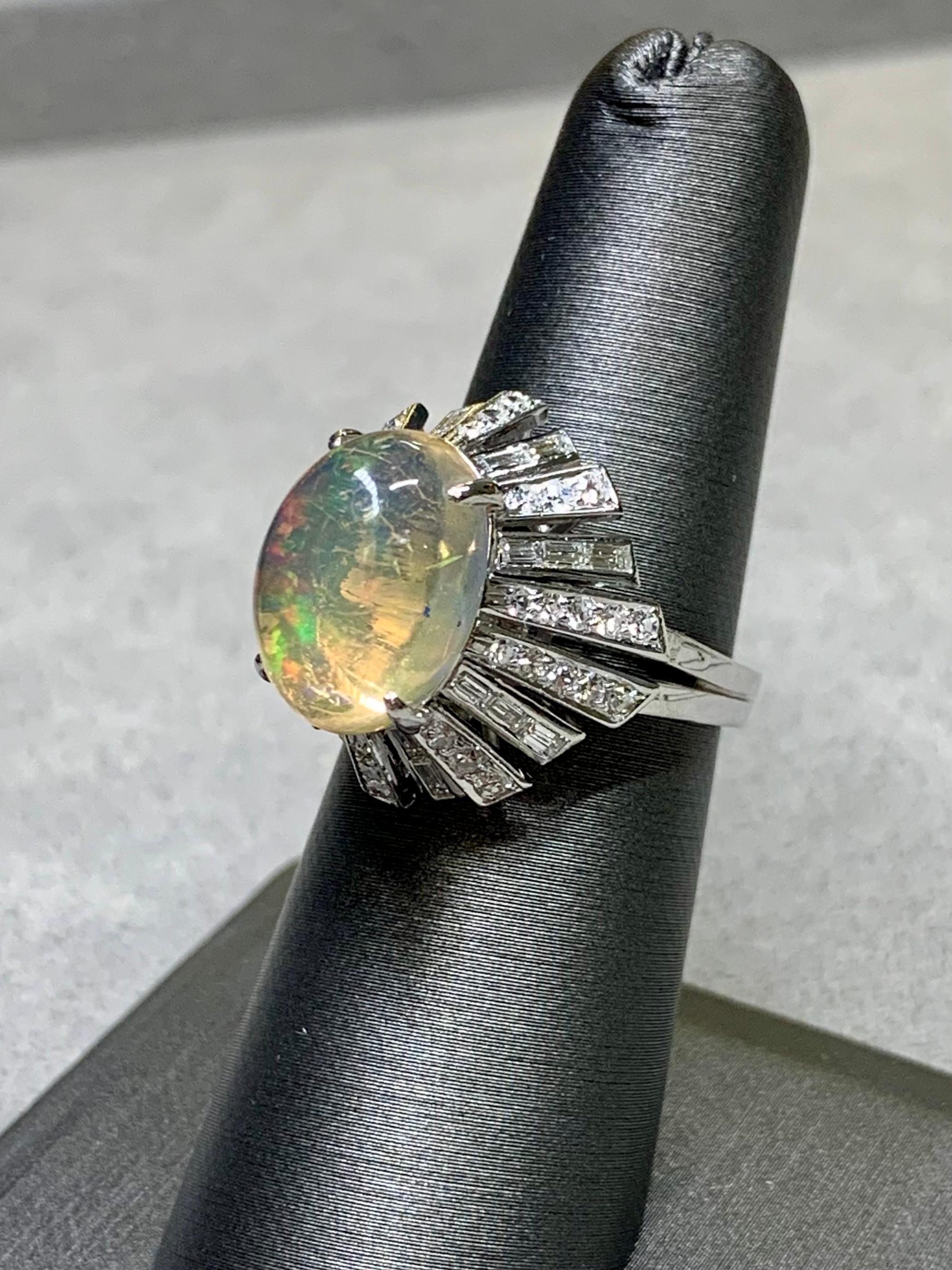 Vintage 14K Cabochon Opal Baguette Round Diamond Spray Cocktail Ring 6.64ctw For Sale 4