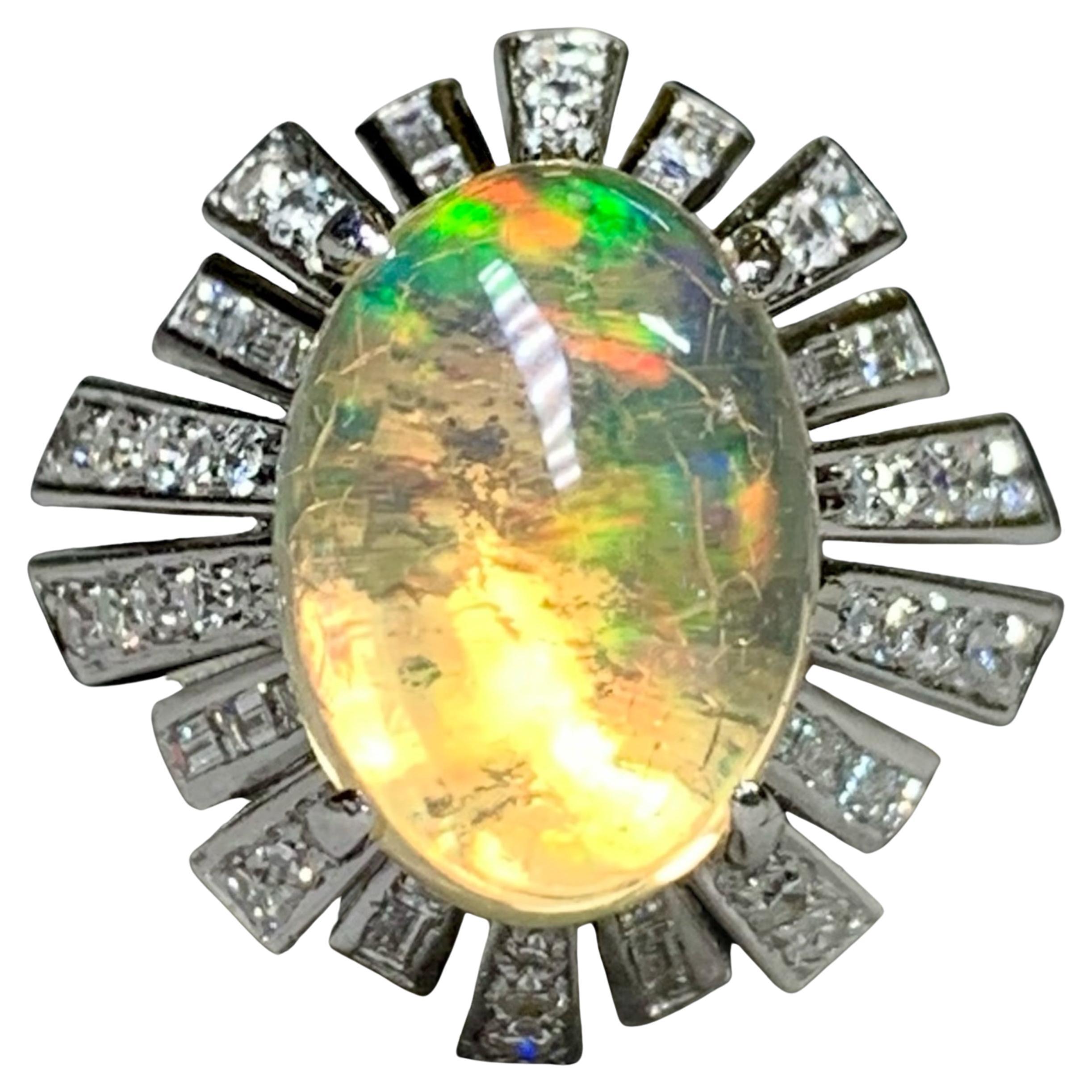 Vintage 14K Cabochon Opal Baguette Round Diamond Spray Cocktail Ring 6.64ctw