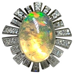 Vintage 14K Cabochon Opal Baguette Round Diamond Spray Cocktail Ring 6.64ctw