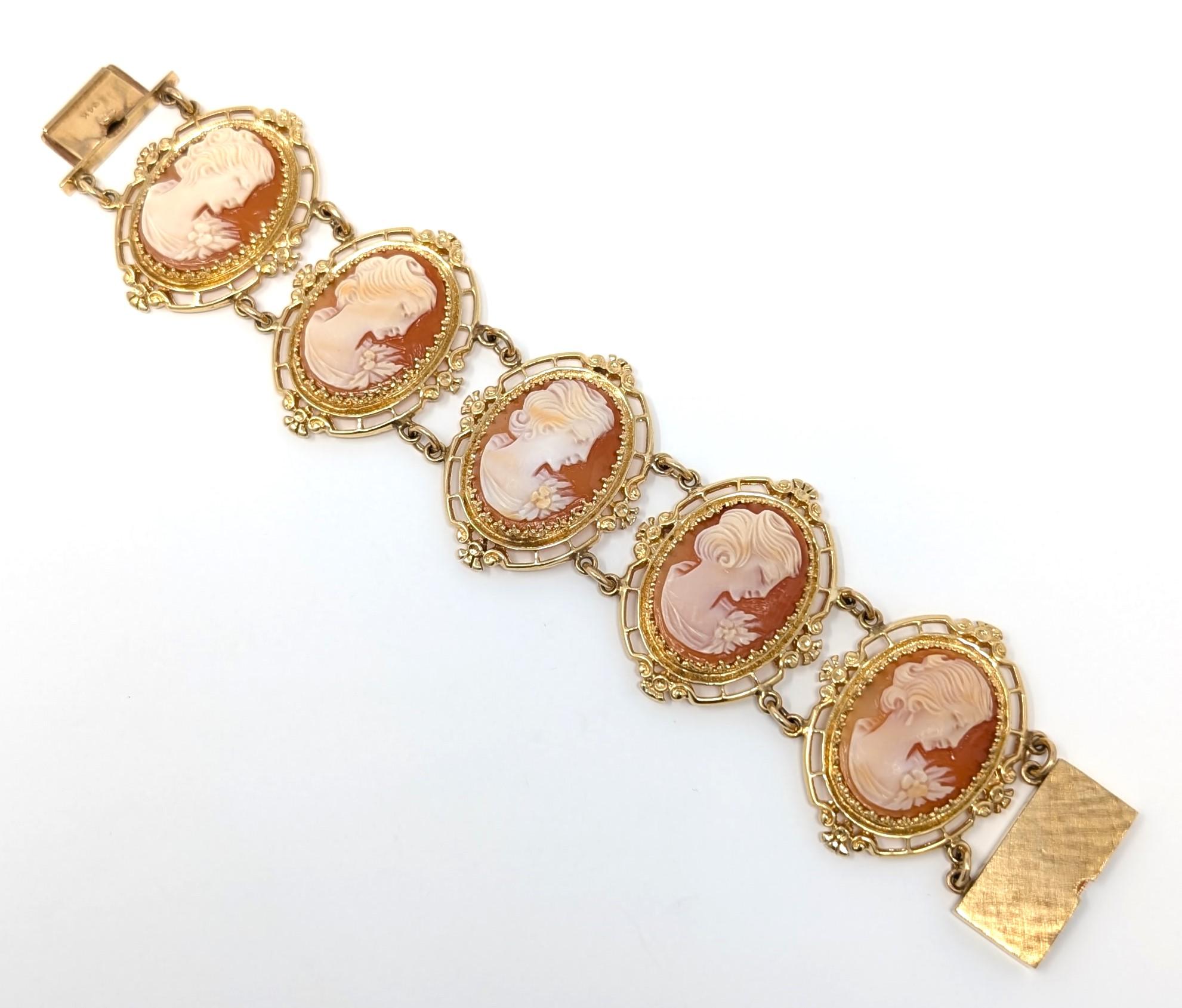 Women's Vintage 14k Cameo Bracelet Carved Shell Woman Solid Yellow Gold Wide Panels For Sale