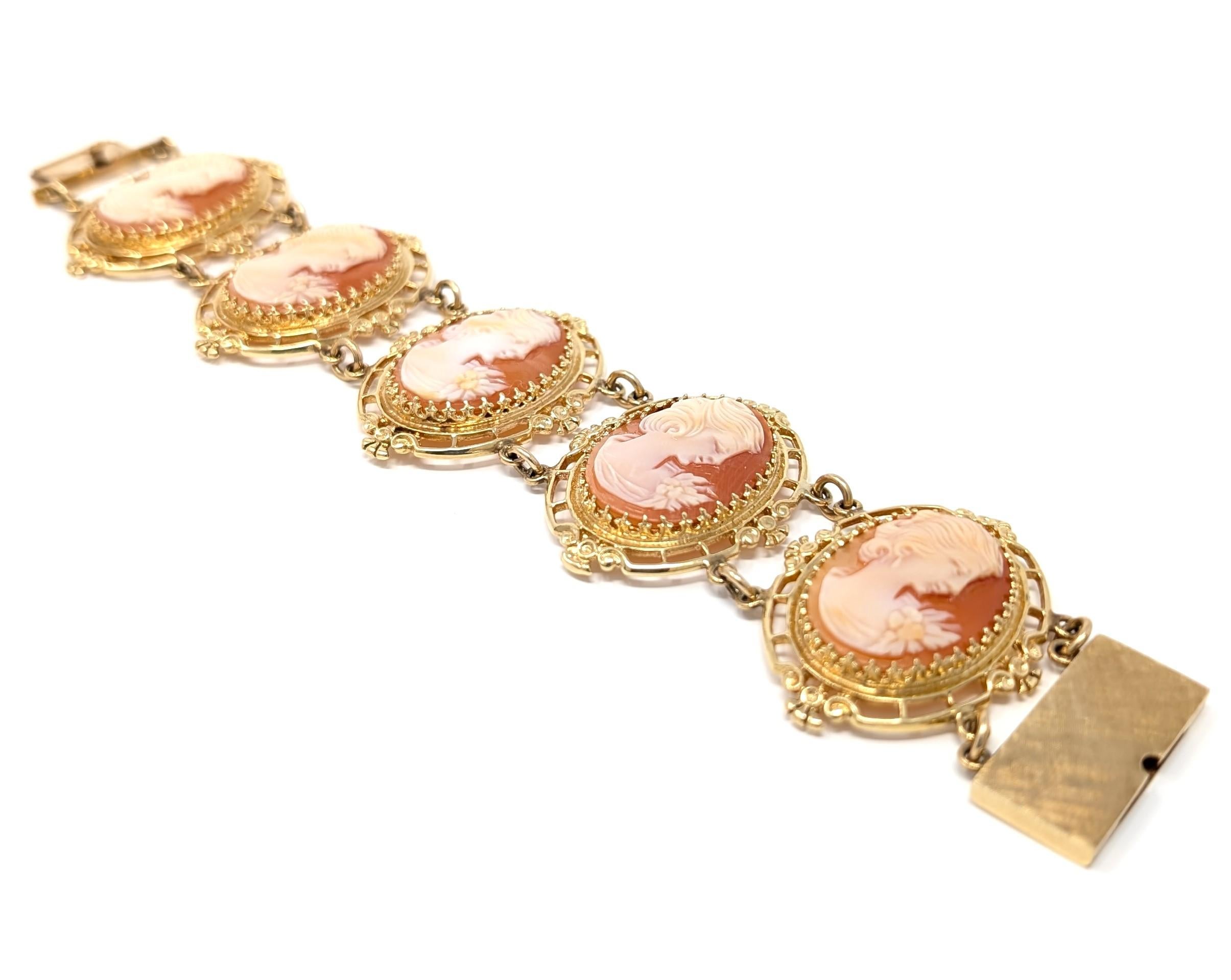 Vintage 14k Cameo Bracelet Carved Shell Woman Solid Yellow Gold Wide Panels For Sale 1