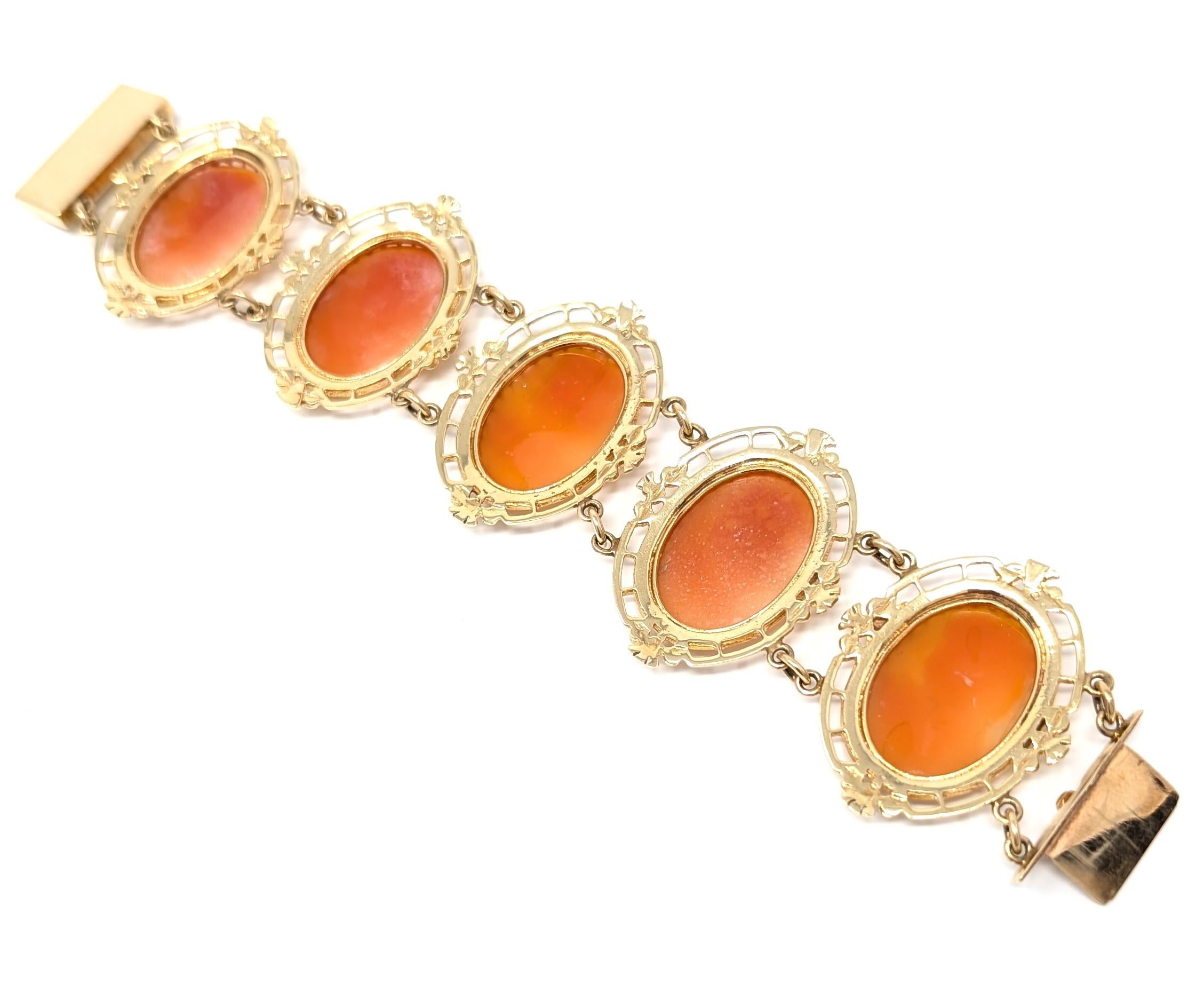 Vintage 14k Cameo Bracelet Carved Shell Woman Solid Yellow Gold Wide Panels For Sale 2