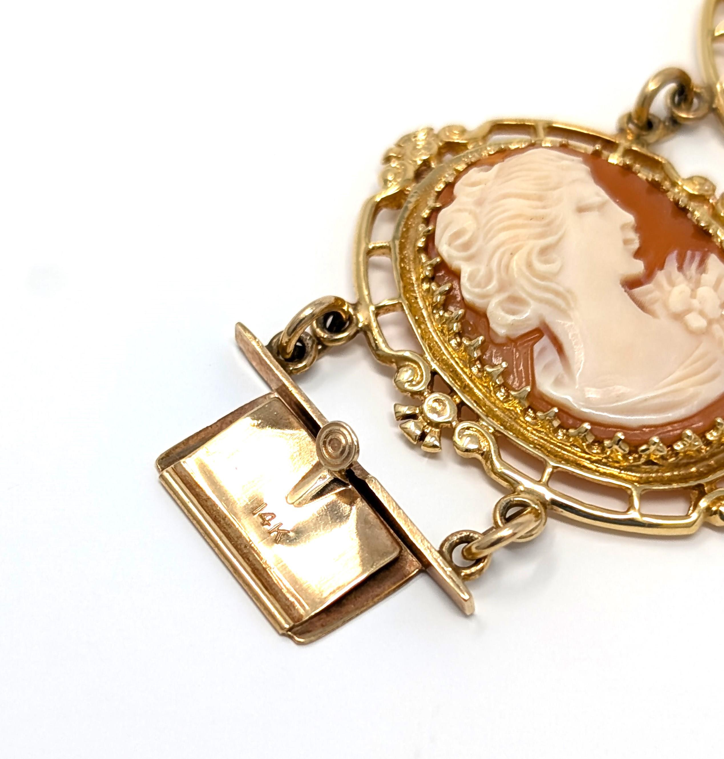 Vintage 14k Cameo Bracelet Carved Shell Woman Solid Yellow Gold Wide Panels For Sale 3