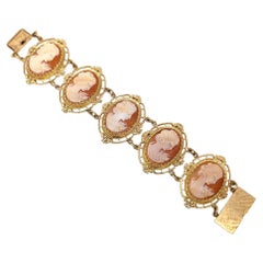 Bracciale cammeo vintage 14k con conchiglia intagliata Donna Oro giallo massiccio a pannelli larghi