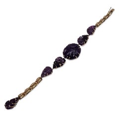 Vintage 14K Carved Amethyst Botanical Bracelet — Hand-Carved Gemstone Art