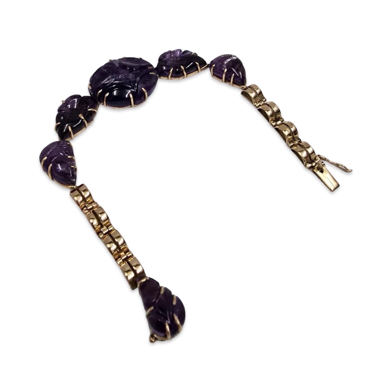 Bracciale botanico d'epoca in ametista intagliata a 14 carati - Gemma d'arte intagliata a mano In condizioni ottime in vendita a Miami, FL